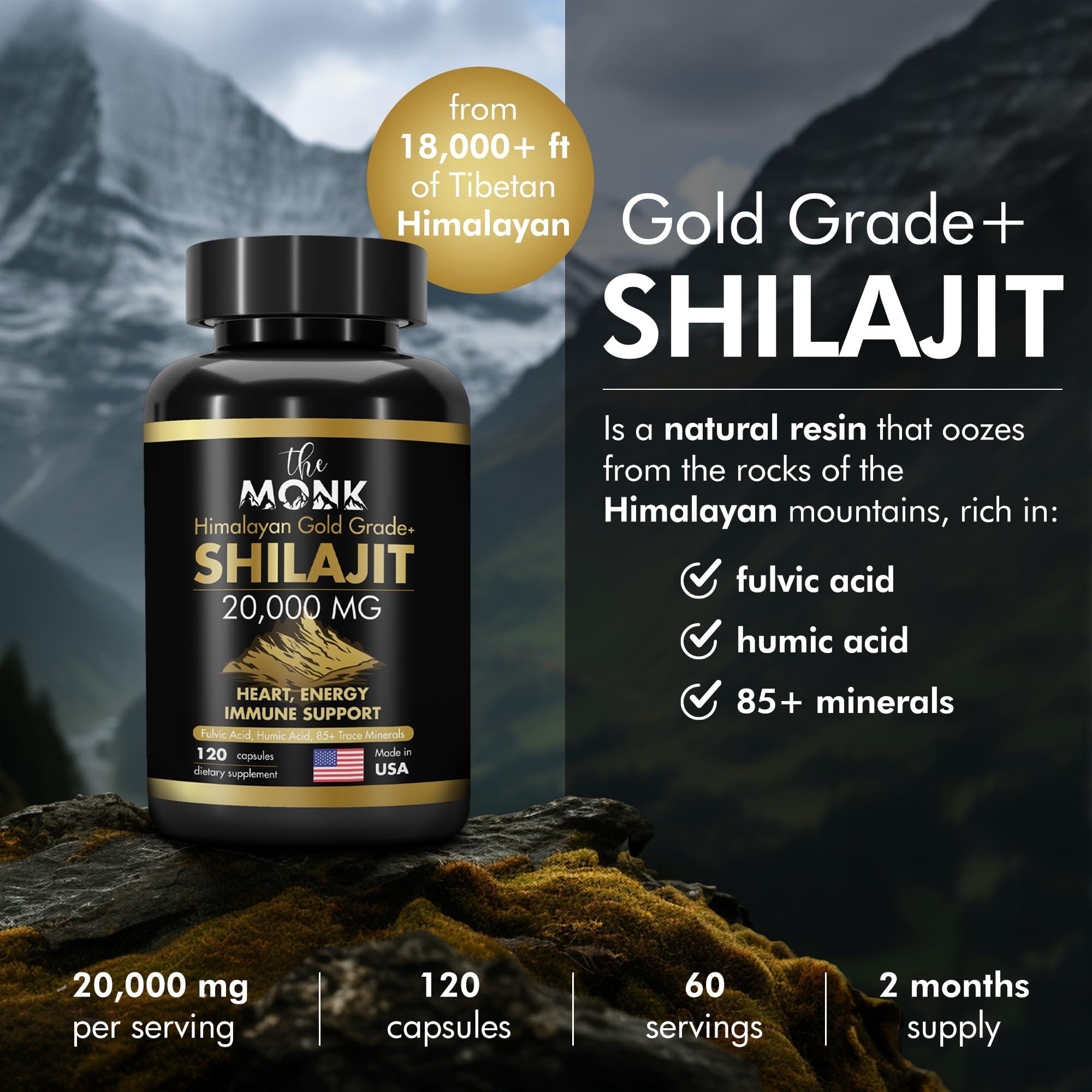 THE MONK Organic Shilajit with Fulvic Acid, Humic Acid, 85+ Minerals- Gold Grade Plus - Same as Resin - Energy, Stamina, Brain Support - 20,000mg, 120 Capsules - Made in The USA