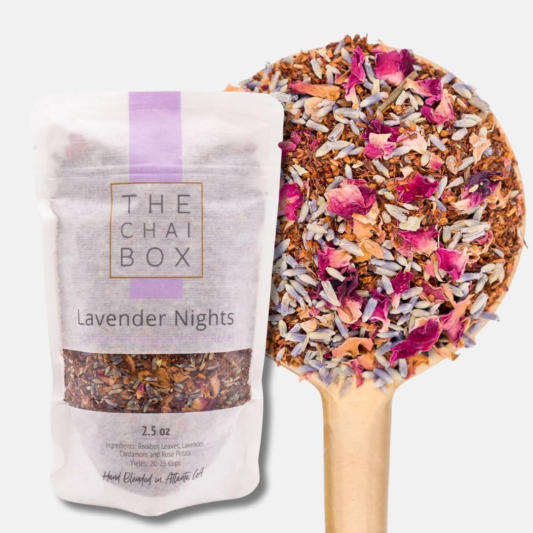 The Chai Box The Chai Box - Lavender Nights - Caffeine Free Chai Tea - Featured in Oprah\'s Favorite Things - Perfect for late-night relaxation. Rooibos leaves, lavender, cardamom and rose petals - 2.5oz