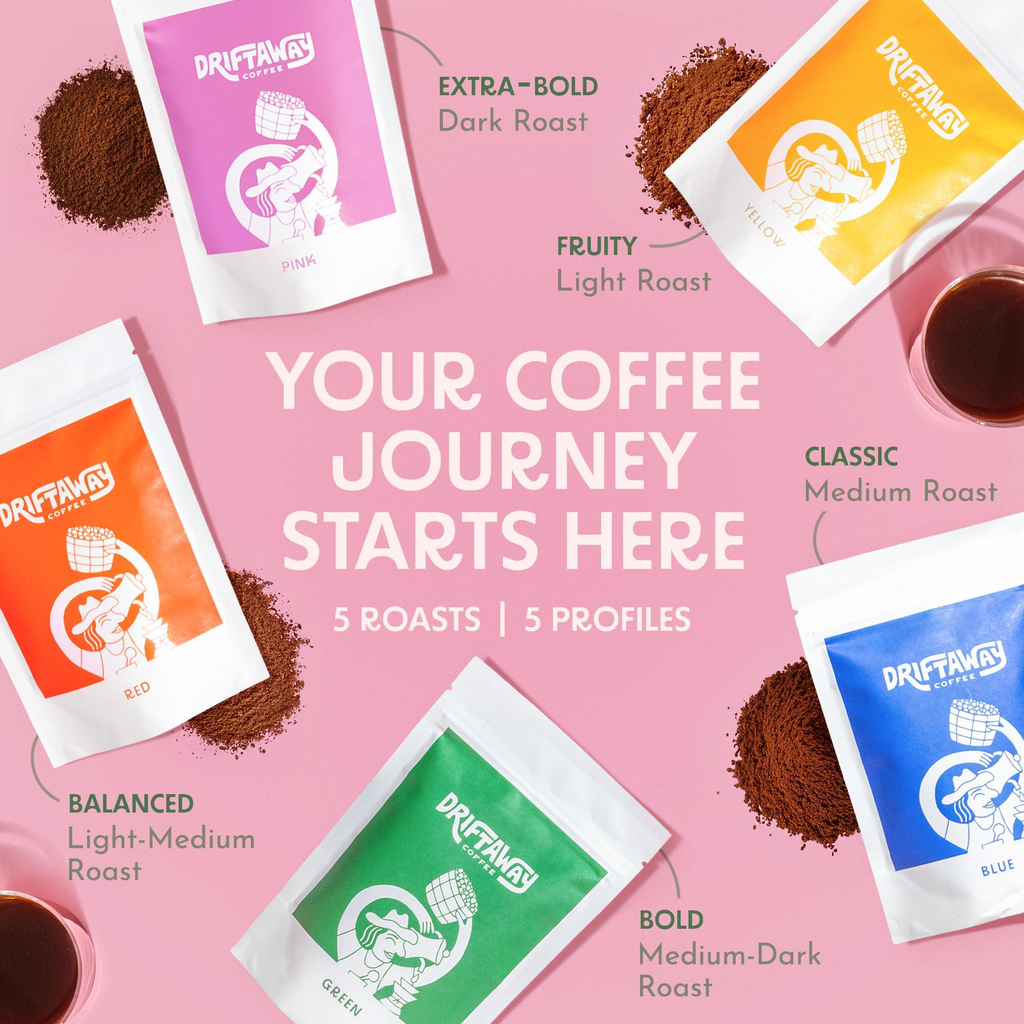 Driftaway Coffee Driftaway Coffee Explorer Box, 5 Pack Coffee Tasting Kit - Single-Origin Ground Coffee from Around the World - 5 Fresh Roasts - Sustainable Sourcing, Small-Scale Farmers - Gourmet Coffee Variety Gift (Drip Grind, 2 Ounce (Pack of 5))