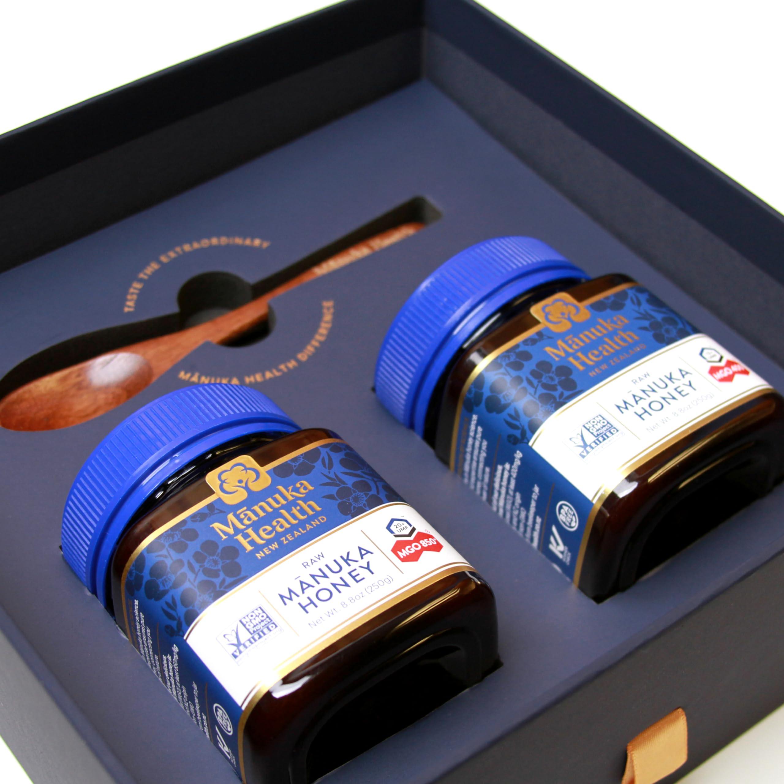 Manuka Health Manuka Health Holiday Gift Set, Certified Raw Manuka Honey from New Zealand, Includes UMF 20+/MGO 850+ 8.8oz Jar and UMF 13+/MGO 400+ 8.8 oz Jar with Wood Spoon