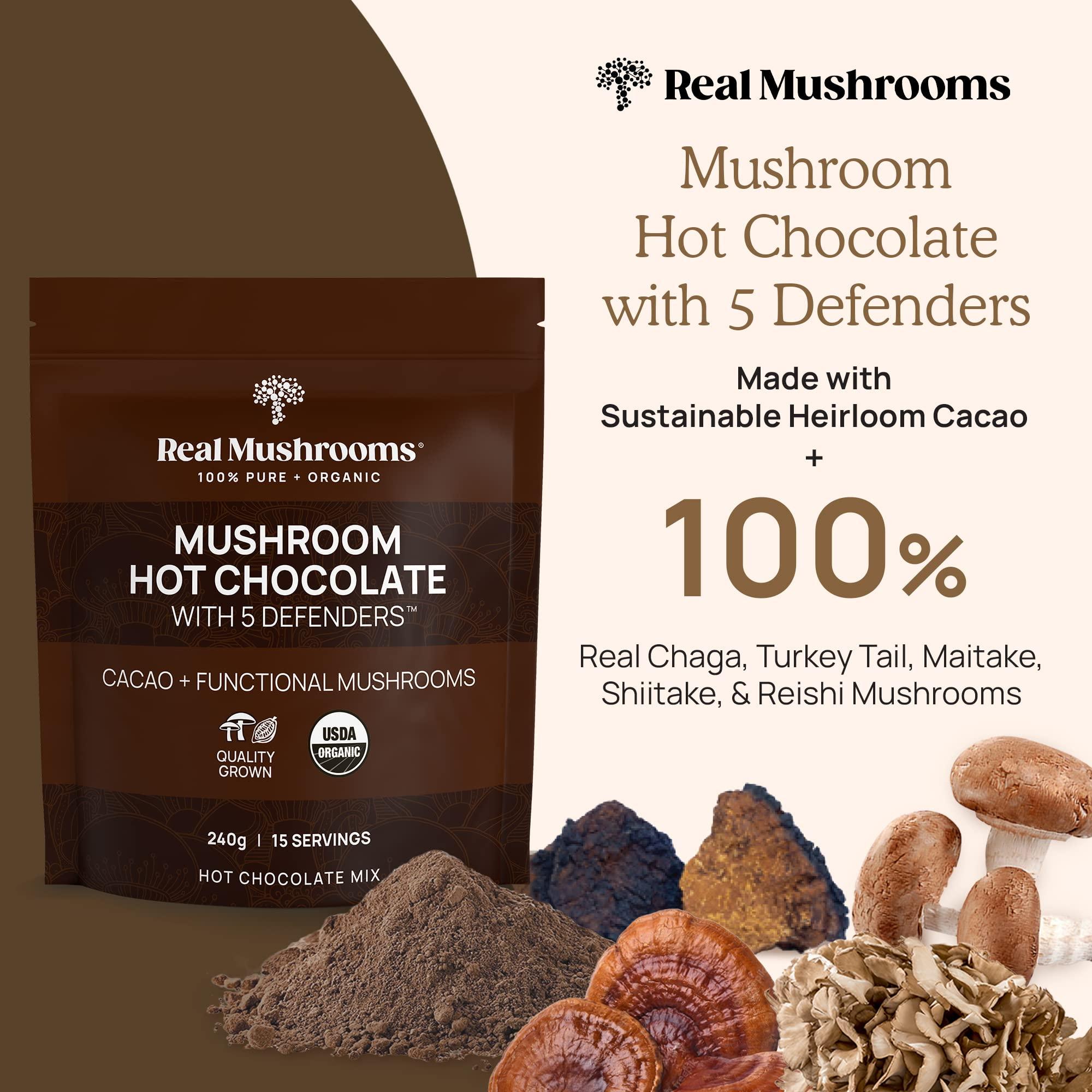 Real Mushrooms Real Mushrooms Organic Hot Chocolate Mix with 5 Defenders Turkey Tail, Chaga, Maitake, Shiitake, Reishi Mushroom - Cacao Powder Vegan Supplement, Gluten-Free, 15 Servings