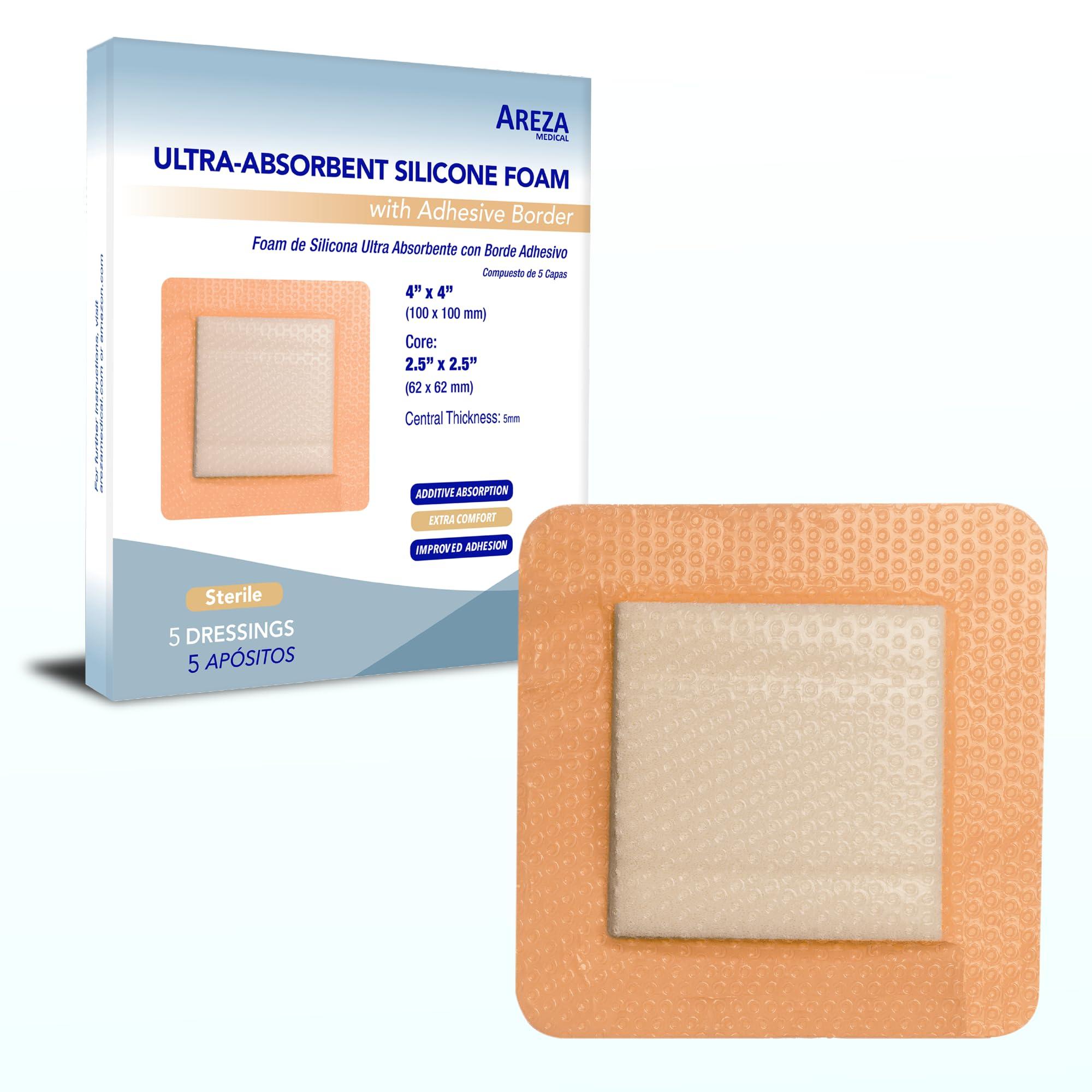 Areza Medical Areza Medical - Ultra-Absorbent Silicone Foam Wound Dressing - Waterproof - with Adhesive Border - sterile - 4\" X 4\" (10 cm X 10 cm) - 5 PCS per Box - FSA/HSA Approved