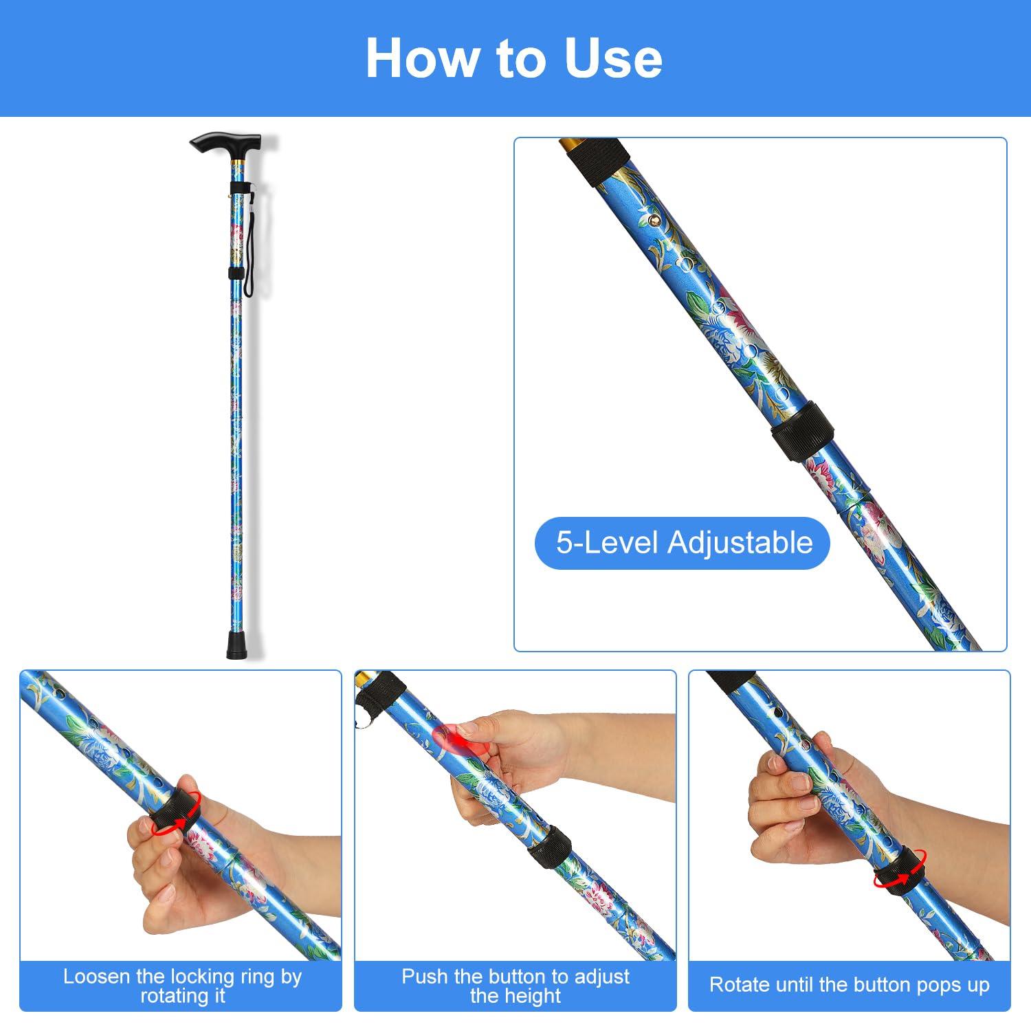 supregear supregear Folding Cane, 5-Level Adjustable Height Walking Stick Lightweight Portable Cane Travel Cane with Wrist Strap and T Handle for Elderly Disabled Men Women