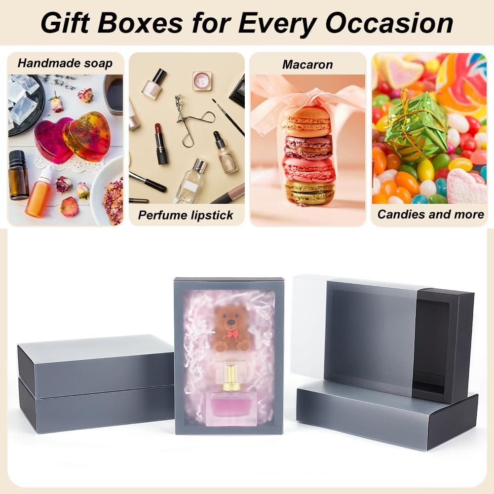 BENECREAT BENECREAT 12 PCS Black Kraft Gift Drawer Box, Translucent Plastic Lid Gift Drawer Box with PVC Frosted Window for Jewellery Candy Gift Wrap Party Favours, 7x5x1.8inch