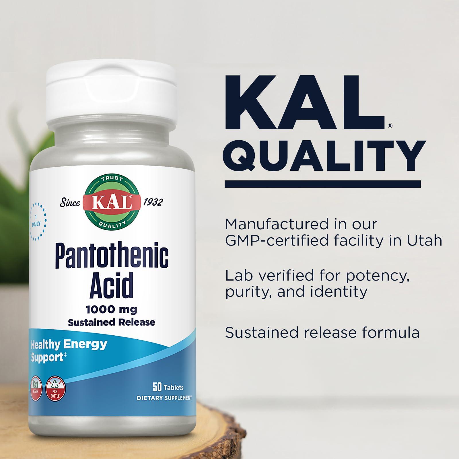 KAL KAL Pantothenic Acid 1000mg, Sustained Release Vitamin B5 - Energy Supplements - Supports Metabolism of Carbs, Fat and Protein, Hair and Skin Health, Vegan, 60-Day Guarantee, 50 Servings, 50 Tablets