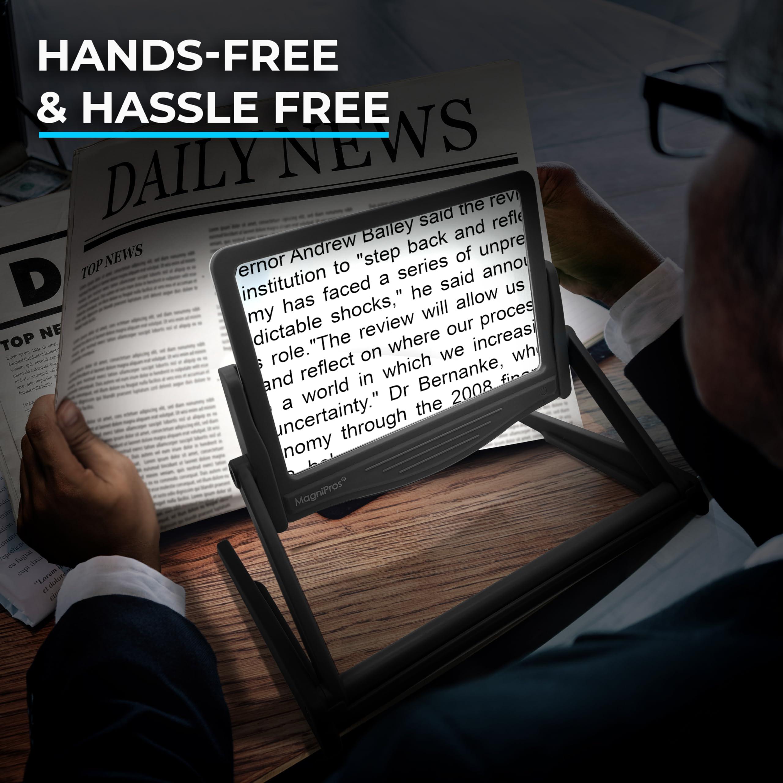 MagniPros MAGNIPROS Patented 5X Large LED Page Magnifier with Detachable Hands-Free Stand, 3 Color Light Modes, Anti-Glare Lens for Eye Strain Relief Perfect for Reading, Crafting, Low Vision & Seniors