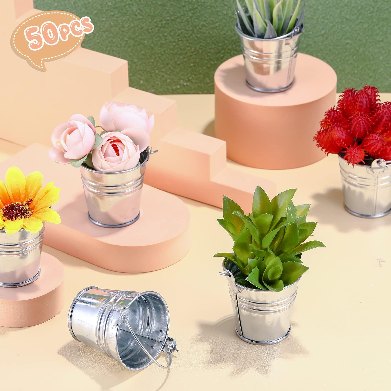 Potchen 50 Pack Mini Galvanized Buckets Small Metal Buckets Mini Tin Pails with Handles Mini Buckets Metallic Pails for Halloween Christmas Party Favors Vase Crafts Garden Planter 2.1 x 2 x 1.6 Inch