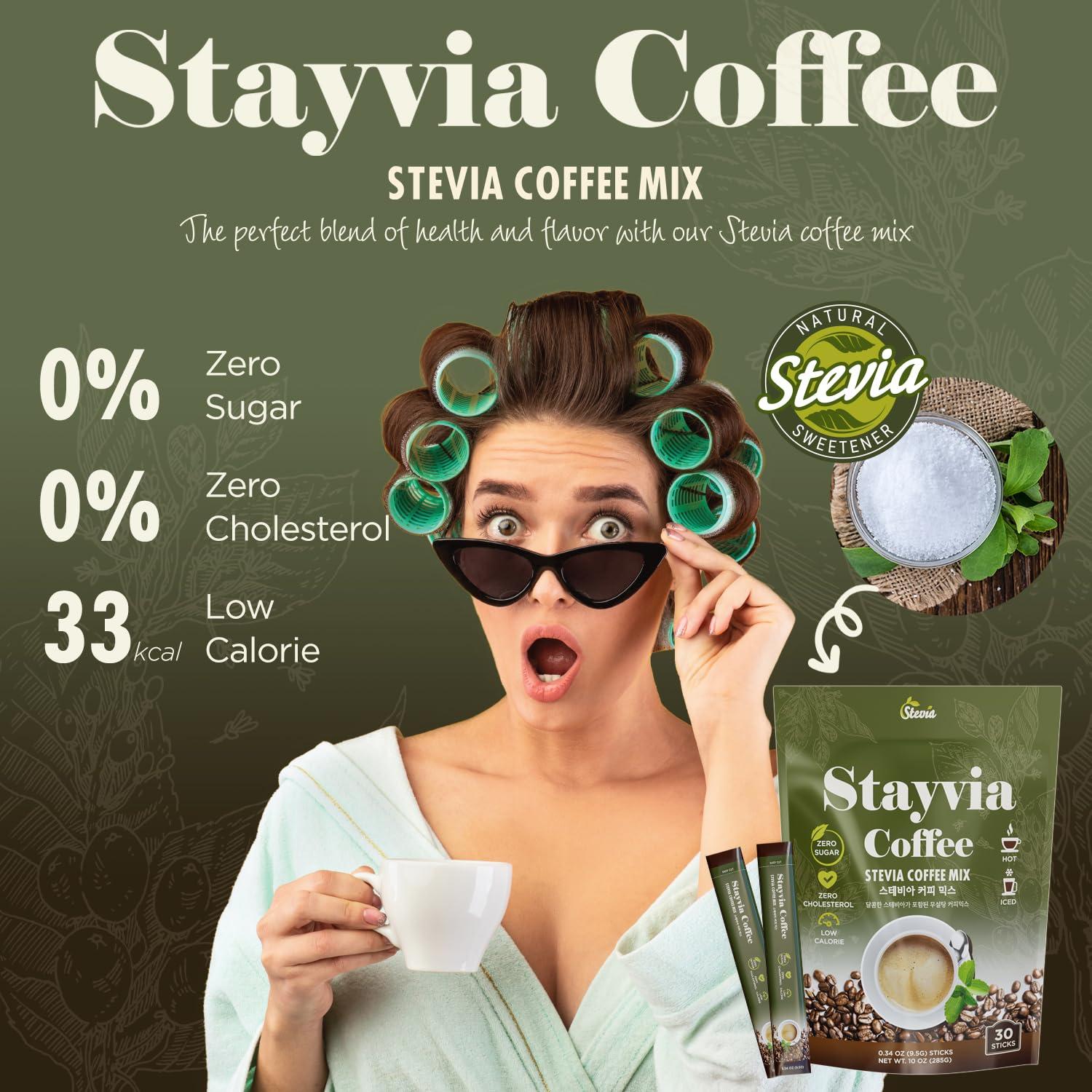 STAYVIA COFFEE STAYVIA COFFEE Stevia Instant Coffee Packets - Korean Instant Latte with Sugar-Free & Low Calories - 30 Sticks (0.33oz) - Plant-Based Sweetener - Enjoy Caffeine Hot & Cold at Office, Home & Travel