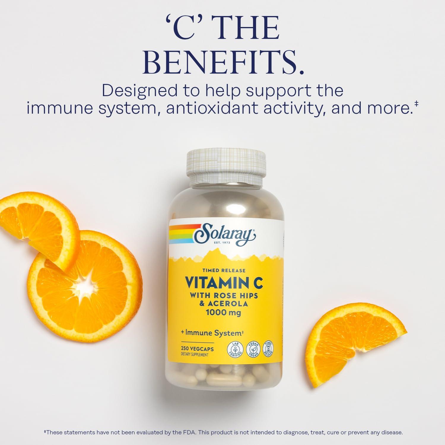 SOLARAY SOLARAY Vitamin C with Rose HIPS & Acerola | Two-Stage Timed-Release Formula | 1000mg | 24-Hour Immune Support & Antioxidant Supplement | 250 Ct.