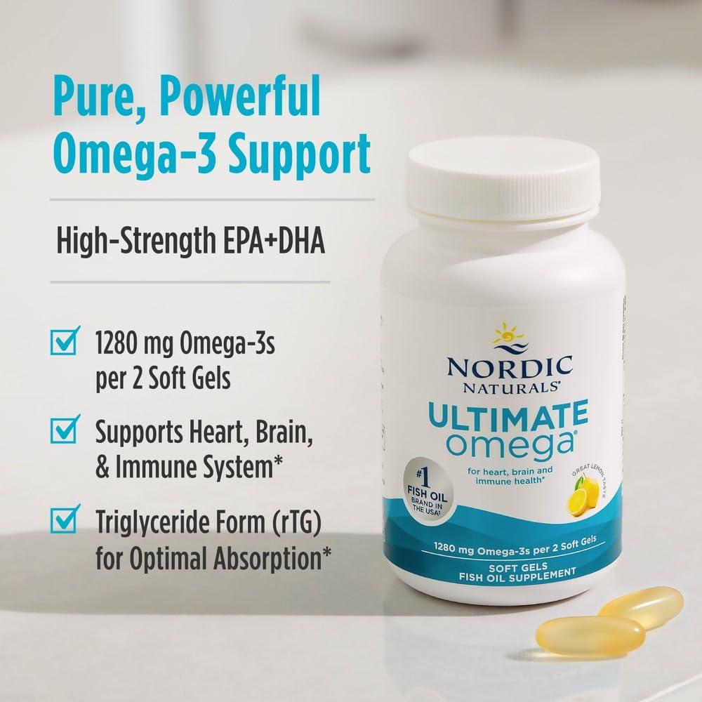 Nordic Naturals Nordic Naturals Ultimate Omega, Lemon Flavor - 60 Soft Gels - 1280 mg Omega-3 - High-Potency Fish Oil Supplement with EPA & DHA - Promotes Brain & Heart Health - Non-GMO - 30 Servings