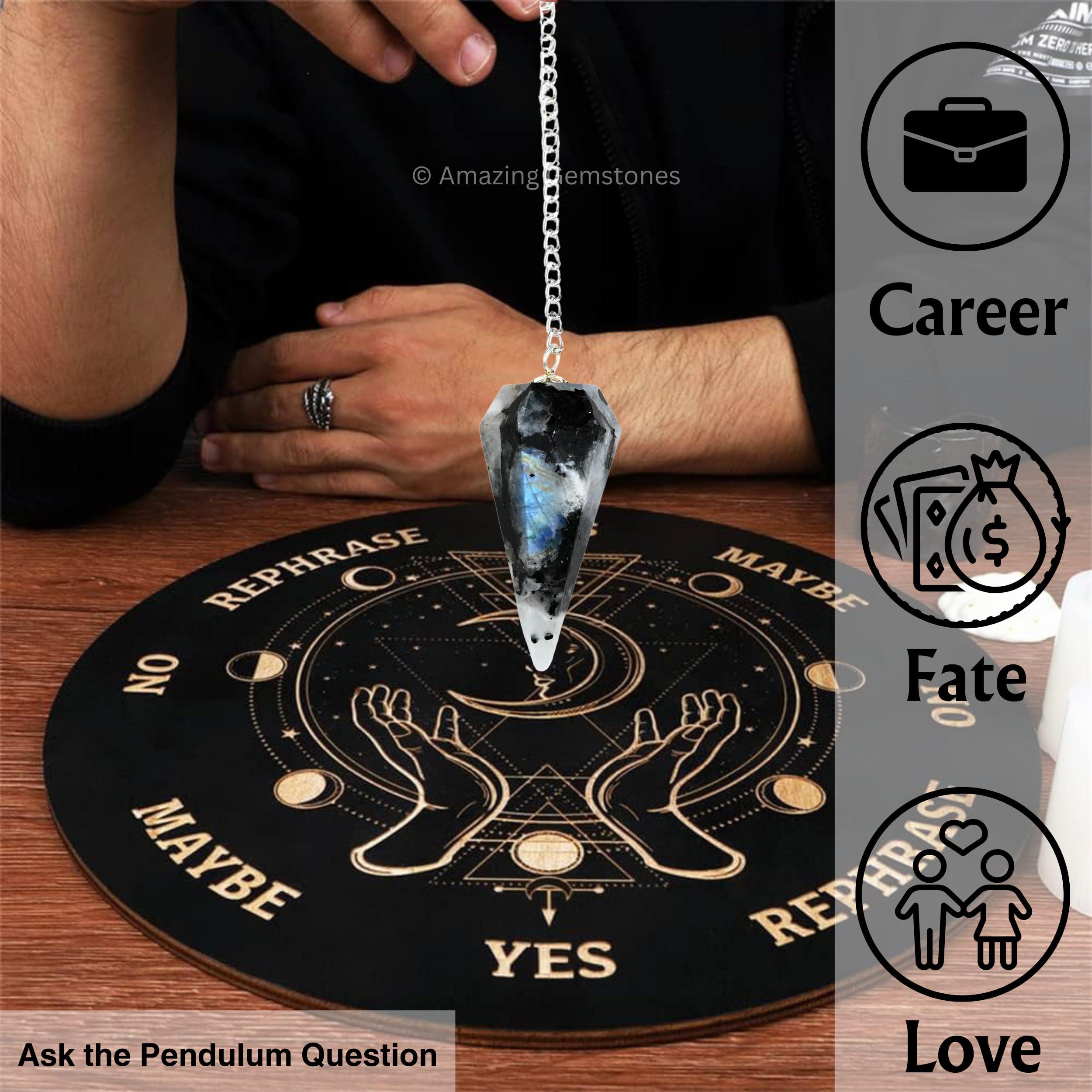 Amazing Gemstone Amazing Gemstone Rainbow Moonstone Crystal Pendulum for Divination - Dowsing Pendulum with Chain and Crystal Ball for Reiki Healing and Crystal Grid Meditation