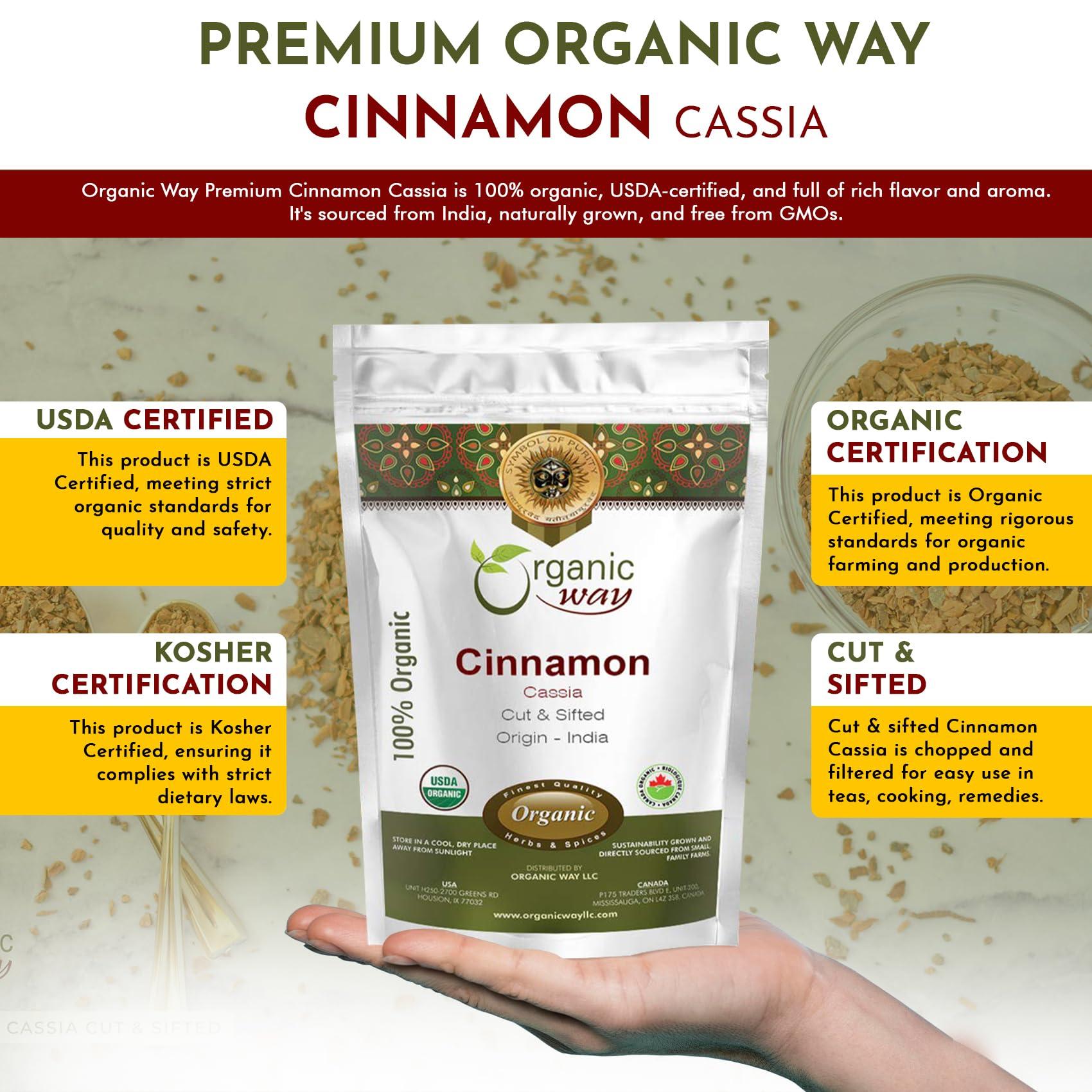 Organic Way Organic Way Premium Cinnamon Cassia Cut & Sifted (Cinnamomum cassia) - Adds Flavour & Aroma | Organic & Kosher Certified | Vegan, Non GMO & Gluten Free | USDA Certified | Origin - India (1LBS / 16OZ)