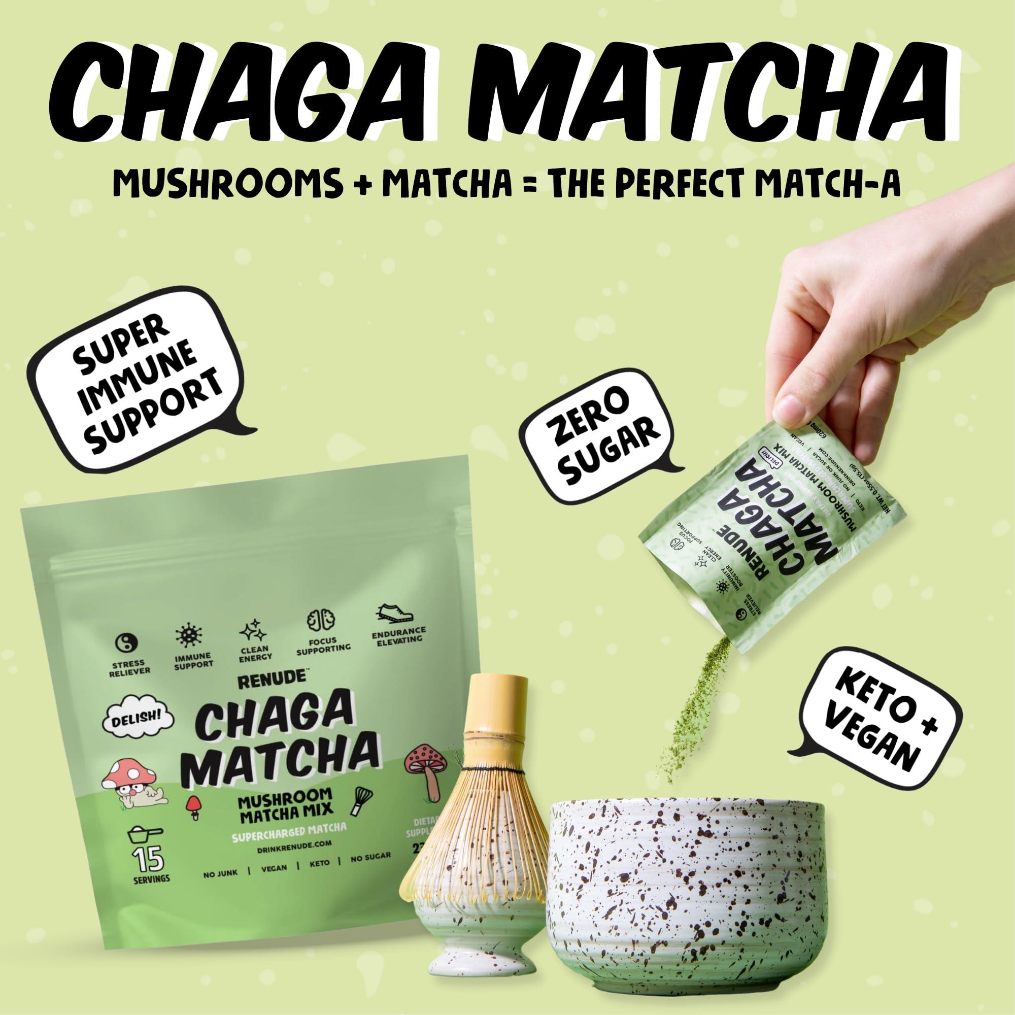 Renude Renude Chaga Matcha - Chaga Mushroom Powder, Matcha Superfood Drink Mix with Adaptogens, Ceremonial Grade Mushroom Matcha, Keto, Vegan, Sugar Free, Natural Energy and Immune Support - 10 Servings