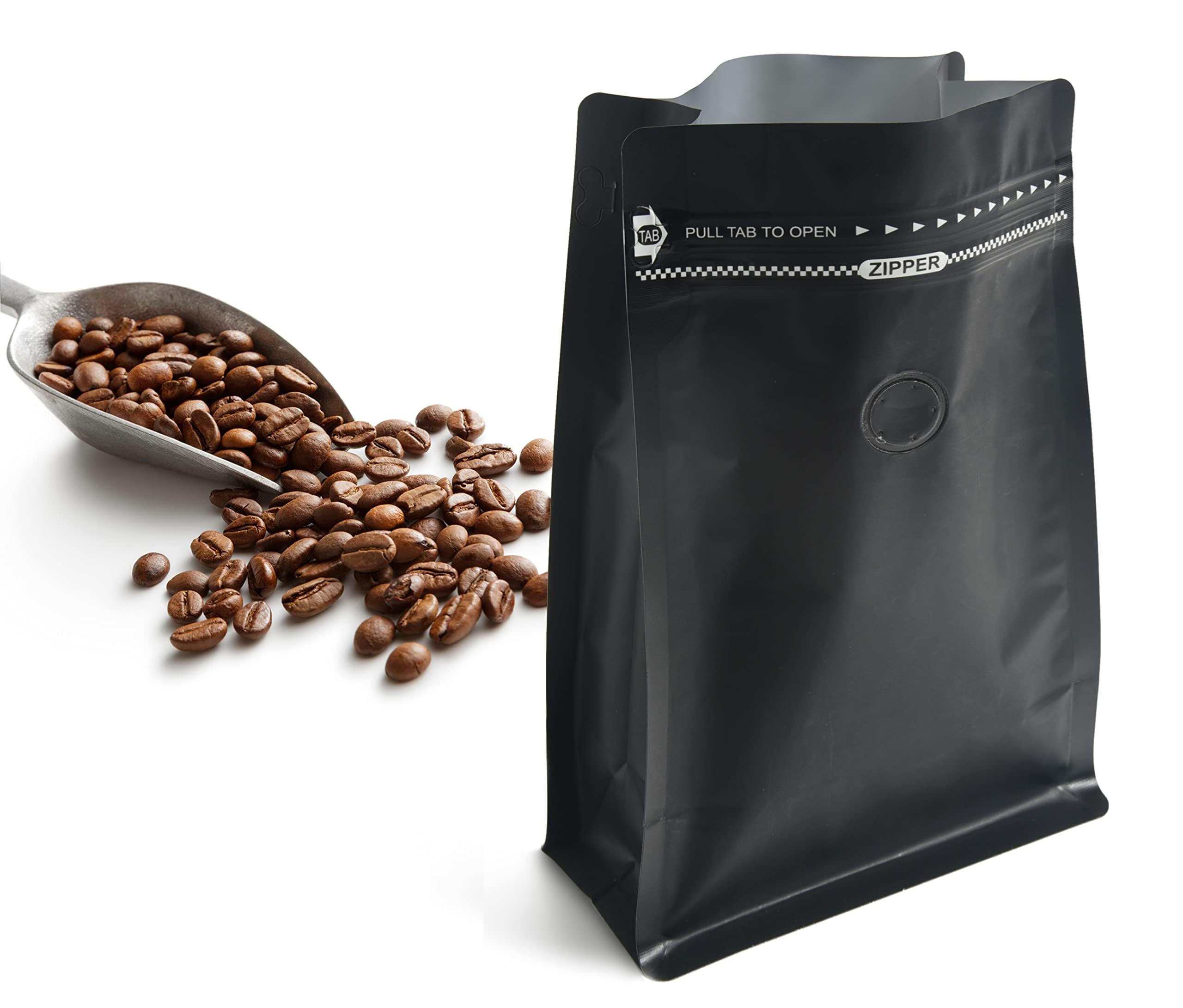 felipack Black Coffee Bags with Valve (Pack of 100, 16oz/1 lb Size) - High Barrier Aluminum Foil - Flat Bottom Coffee Pouches with Rsealable Zipper & Easy Open Tape
