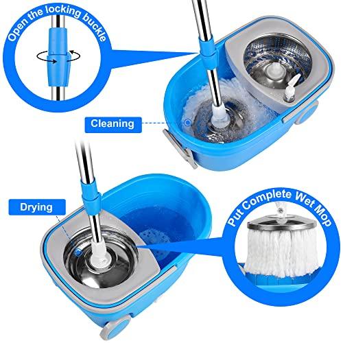 PULNDA Mop and Bucket with Wringer Set, Mop and Bucket on Wheels Floor Cleaning System with Spin Mop Head 61 Inch Refills Extended Stainless Steel Handle for Home Office Household Cleaning