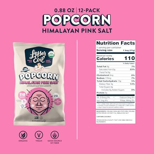 Lesserevil LesserEvil Himalayan Pink Salt Organic Popcorn, No Artificial Ingredients, Coconut Oil, Pack of 12, 0.88 oz Bags