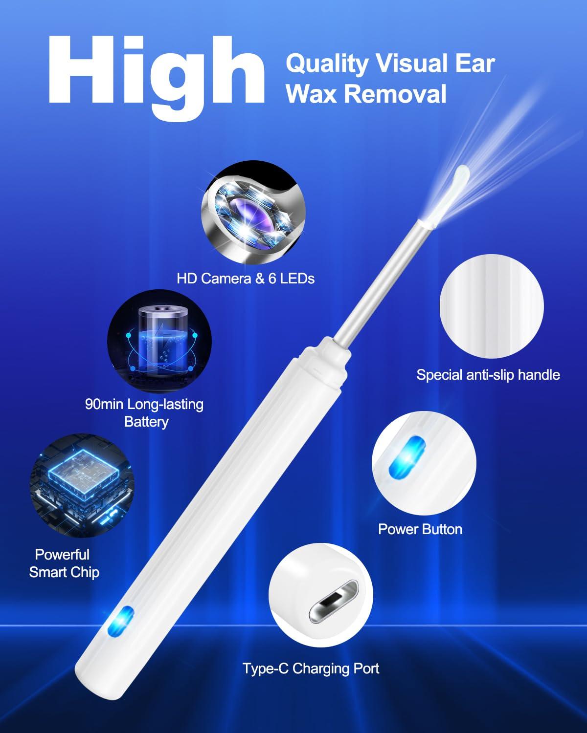 HaYiue Ear Wax Removal Tool Camera, Ear Cleaner with Camera, Ear Cleaning Kit 1296P HD Ear Scope, 6 LED Lights and 6 Ear Picks, Earwax Removal with Otoscope to Earify Earwax for iOS and Android