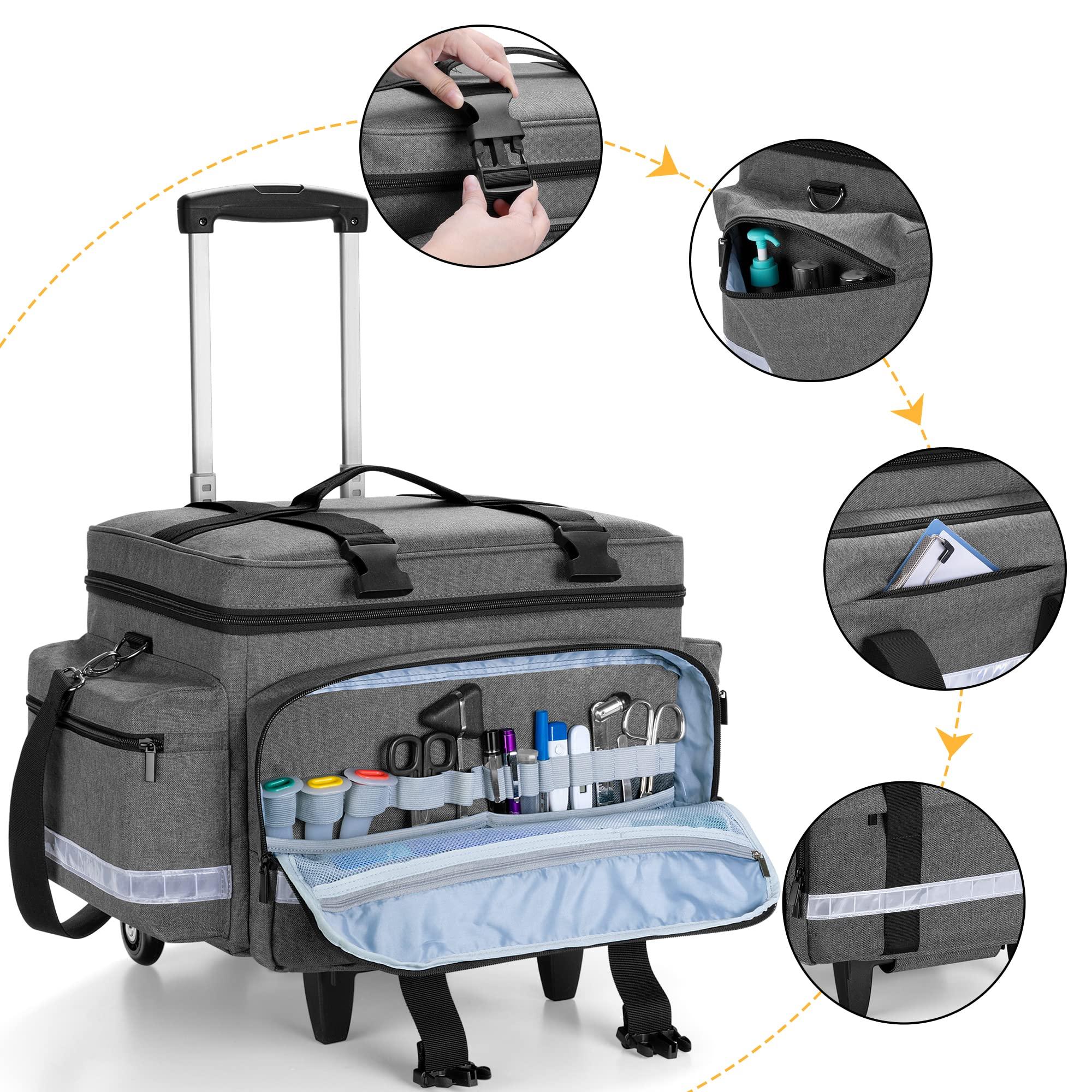 Damero Damero Rolling Medical Bag with Detachable Trolley, Medical Equipment Bag with Removable Pouches and Dividers, First Aid Responder Bag Empty for Home Health Nurses, Doctors, EMT, EMS, Gray