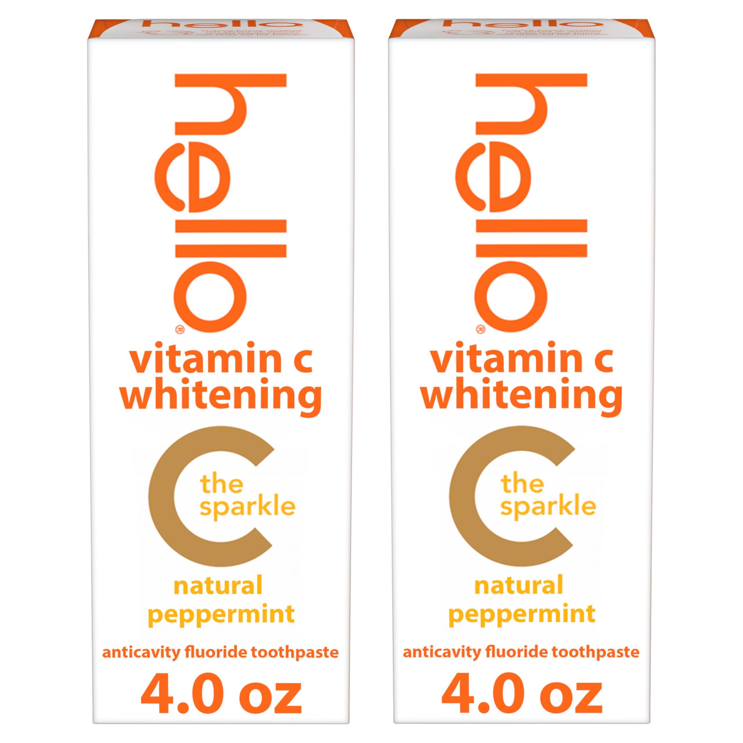 hello hello Vitamin C Whitening Toothpaste with Fluoride, SLS Free, Helps Removes Surface Stains and Freshen Breath, Natural Peppermint Flavor, 4.0 oz (2 Pack)