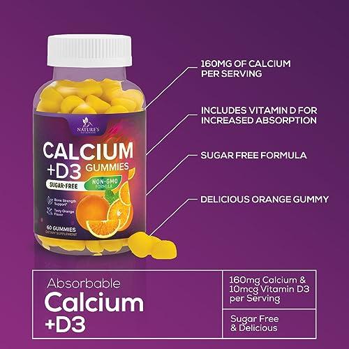 Nature\'s Nutrition Sugar Free Calcium Gummy Bites Plus 400 IU Vitamin D3, Bone Health & Immune Support, Supports Bone Strength - Chewable Calcium Nutrition Supplement, Non-GMO, Berry Flavor Chews - 60 Gummies