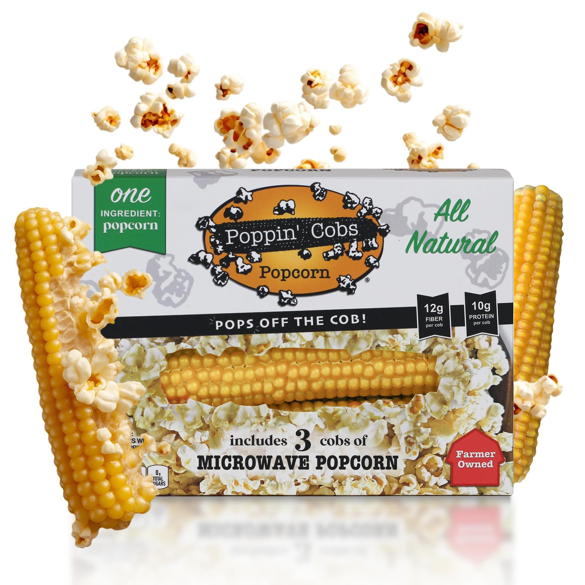 Poppin' Cobs Microwave Popcorn on the Cob - Pops off the Cob | Poppin\' Cobs Popcorn | Individually Wrapped Popcorn Cobs with 3 Bags For Popping | Single Ingredient | Gluten Free | Non-GMO | Single Harvest | Farm Fresh | Farmer Owned
