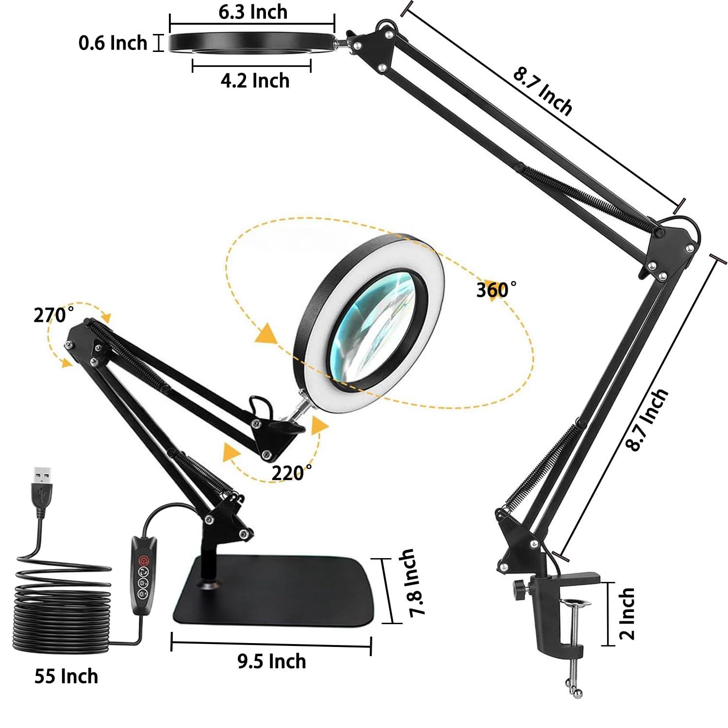Soobuygoo 15X Magnifying Glass with Light, Table Lamp with Stand and Clamp, 2-in-1 LED Desk Lamp with Magnifier, 3 Color Modes, 72 LEDs, Real Glass Lens for Close Works, Craft, Hobby, Painting, Reading, Repair
