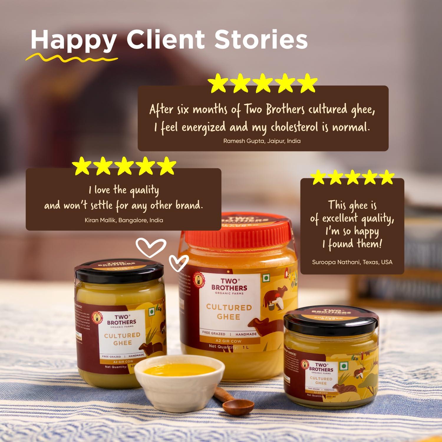 AMOREARTH - NATURAL.HEALTHY.FRESH Two Brothers Organic Farms - Grass Fed A2 Ghee 16 Fl Oz (500ml) | Clarified Butter | Cultured, Desi Gir Cow Ghee | Pasture Raised on Certified Organic Farm | Non-GMO, Lactose-Free, Keto Friendly | Made from Whole Curds in Small Batches | Glass Jar