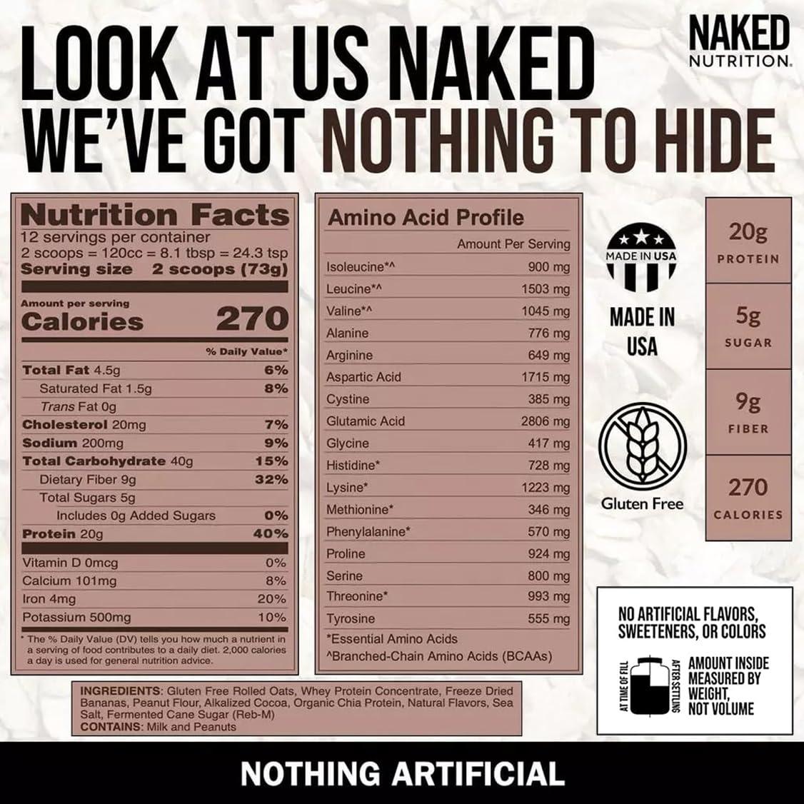 NAKED Naked Oats - Chocolate PB Banana Overnight Oats, 20g Whey Protein, Gluten-Free Oatmeal Instant Breakfast or Shake, High Protein Oatmeal, High Fiber Breakfast Shake, Non GMO, No Soy - 12 Servings