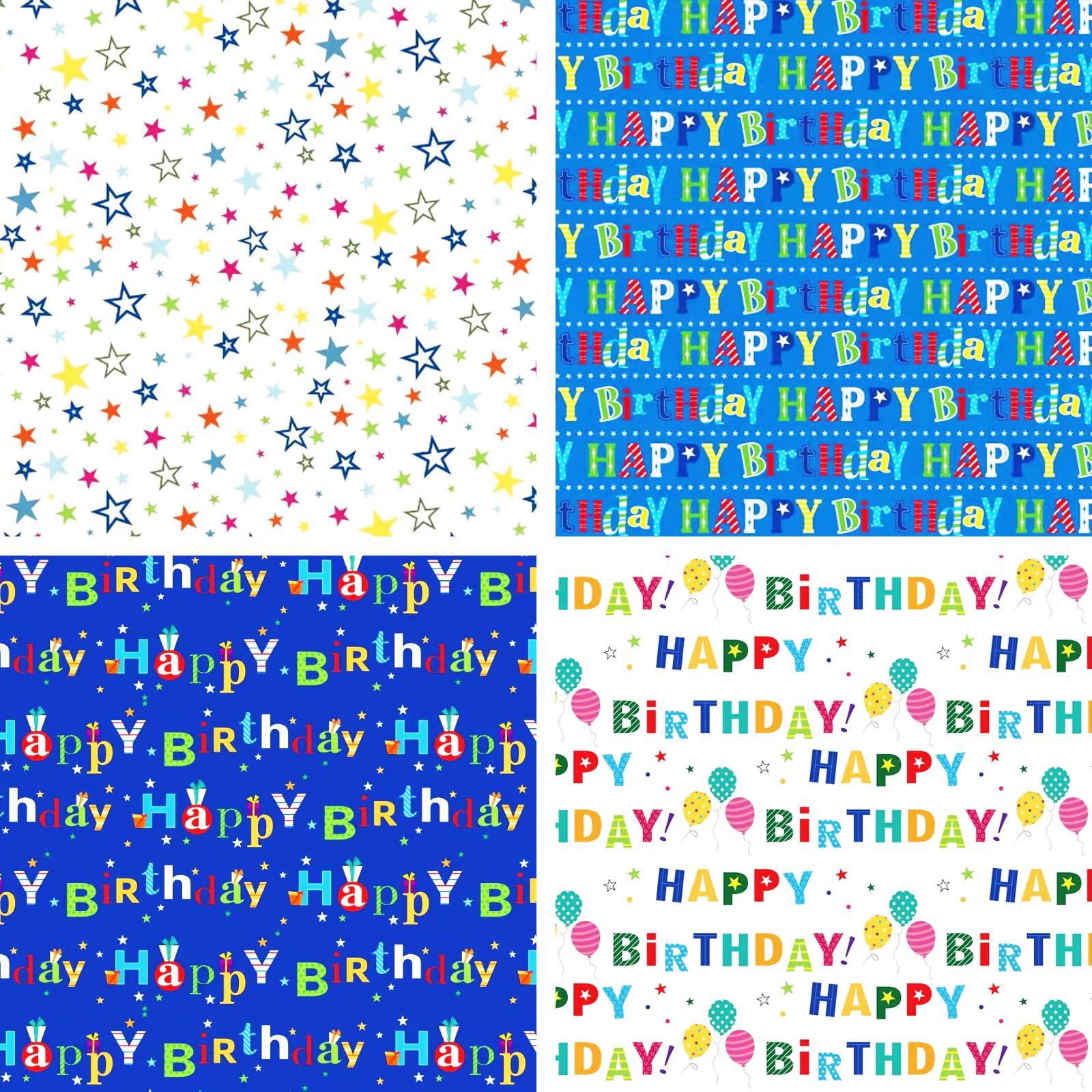 PlandRichW PlandRichW Birthday Wrapping Paper 4 Mini Rolls 17 x 120 for Kids Boys Girls, Colorful Happy Birthday Letters and Stars Design, Gift Wrapping Paper for Women Men Baby Shower Holiday