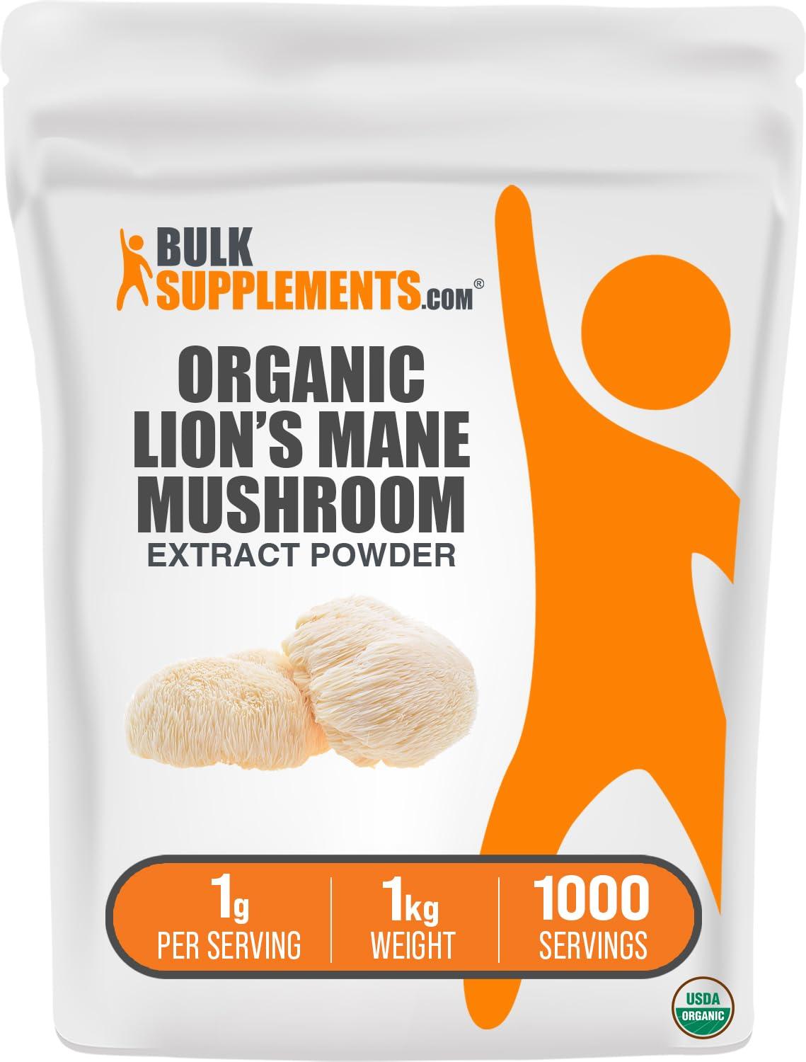 BULKSUPPLEMENTS.COM BulkSupplements.com Organic Lion\'s Mane Mushroom Extract Powder - Lions Mane Supplement Powder, Lion\'s Mane Extract - Mushroom Supplement, 1000mg per Serving, 1kg (2.2 lbs) (Pack of 1)