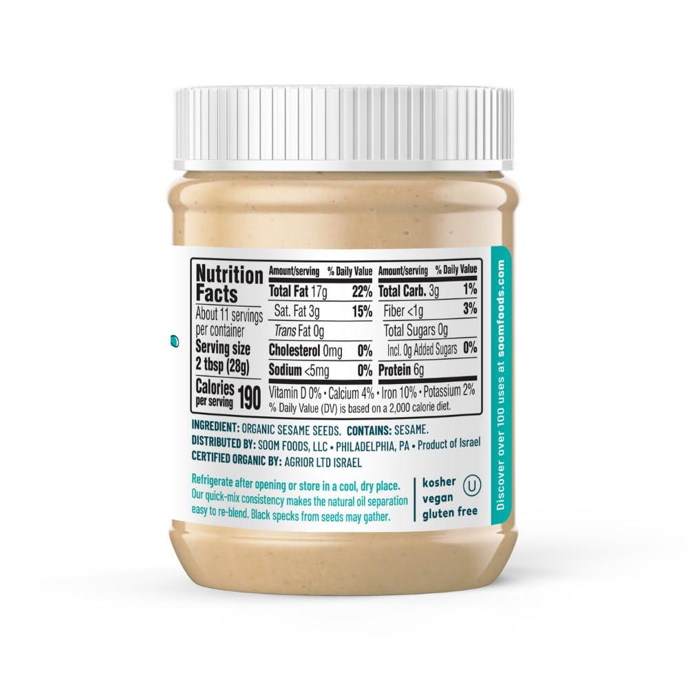 Soom Soom Foods Organic Tahini 11oz (2 Pack) | Roasted & Ground Sesame Seed Paste | Creamy Texture for Hummus, Sauces, Dips, Dressings | Vegan, Peanut-Free, Nut-Free, Gluten-Free, Dairy-Free, Keto, Paleo, Kosher | All-Natural