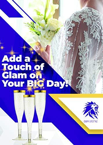 TasteOfQuality 50 Gold Rimmed Sparkle Plastic Champagne Flutes, Gold Glitter, 6.5 Oz Reusable Heavy Duty Wine Glass, Clear Plastic Toasting Glasses, Disposable Plastic Wine Glasses, cups for Bachelorette Party.