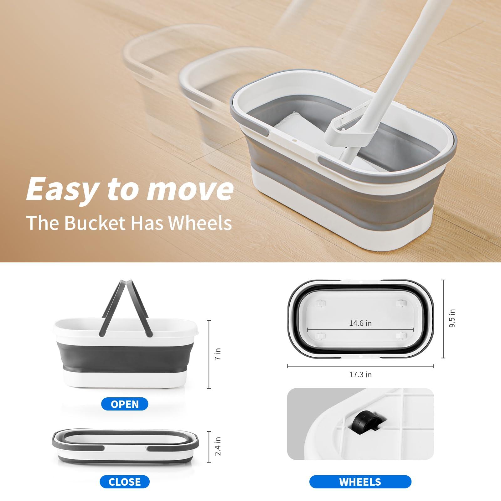 oshang oshang Flat Mop and Collapsible Bucket OG7, Mop and Bucket for Floor Cleaning, Foldable Bucket with Wheels, 2 Washable & Reusable Microfiber Pads