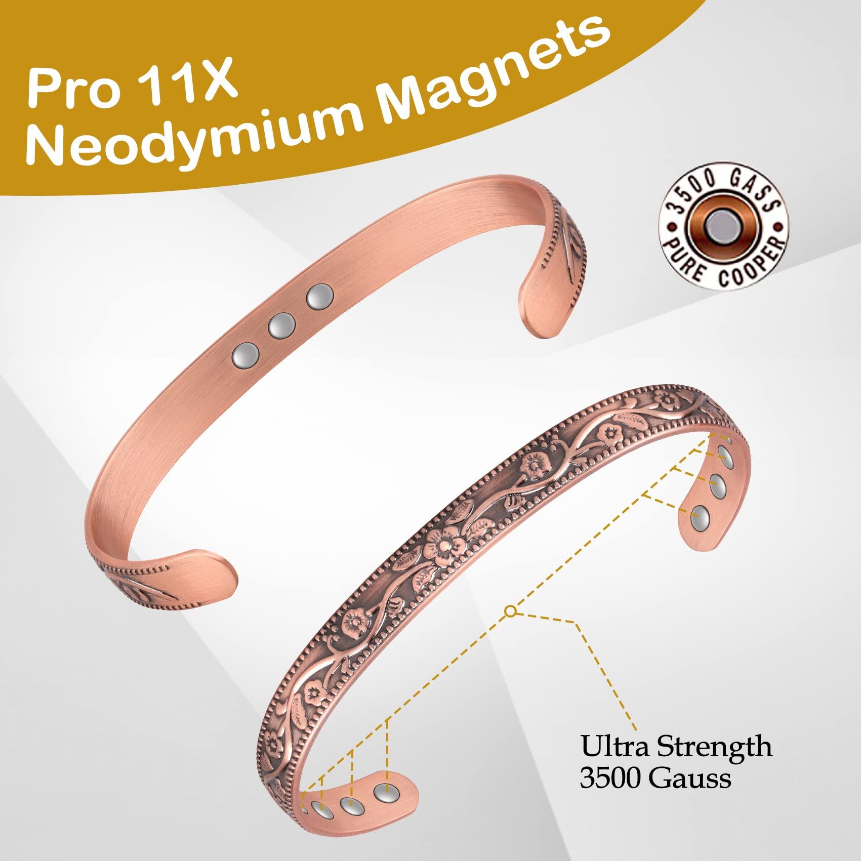 Feraco Feraco Copper Bracelet & Lymphatic Drainage Rings for Women, Vintage Flower Copper Magnetic Cuff Bangle, 99.99% Pure Copper with Neodymium Magnets, Adjustable with Gift Box
