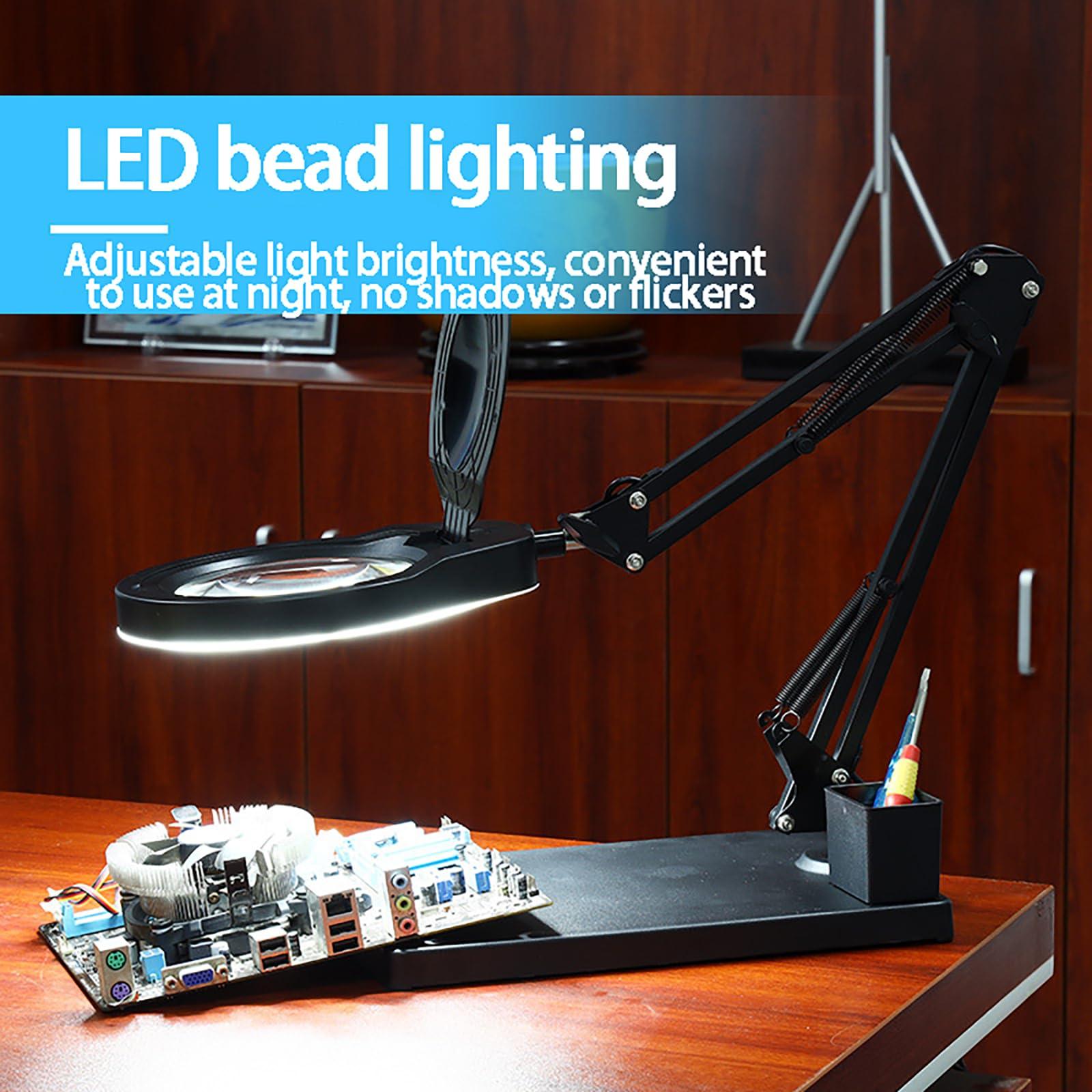 GLocKi Magnifying Glass with Light and Stand, 10X Magnifying Lamp, 5" Large Optical Glass Lens, Adjustable Swivel Arm Desk Magnifier for Hobby Reading