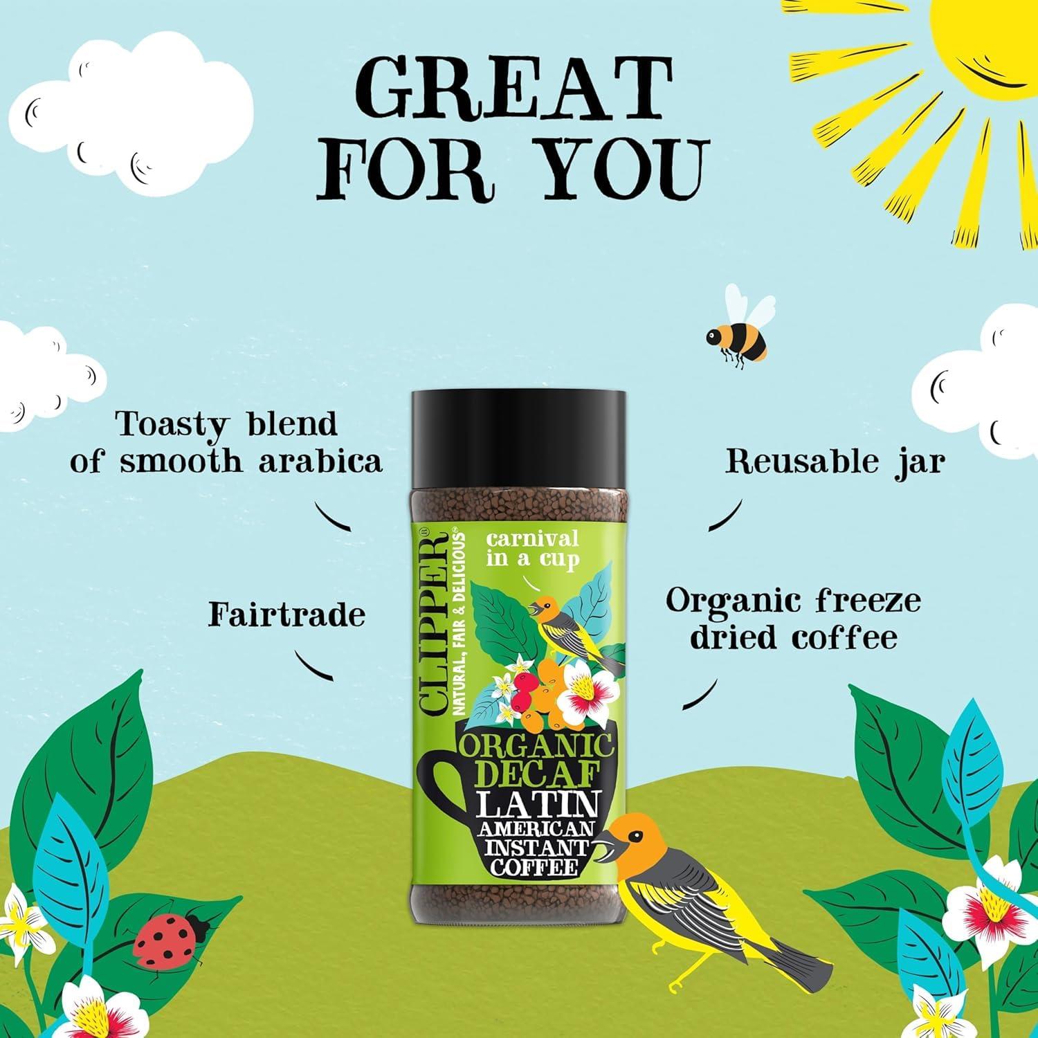 Clipper Natural, Fair & Delicious Clipper Coffee: Organic Latin American Decaf Instant Coffee Medium Roast Coffee, Freeze Dried & Ethically Sourced 100g (3.53oz)