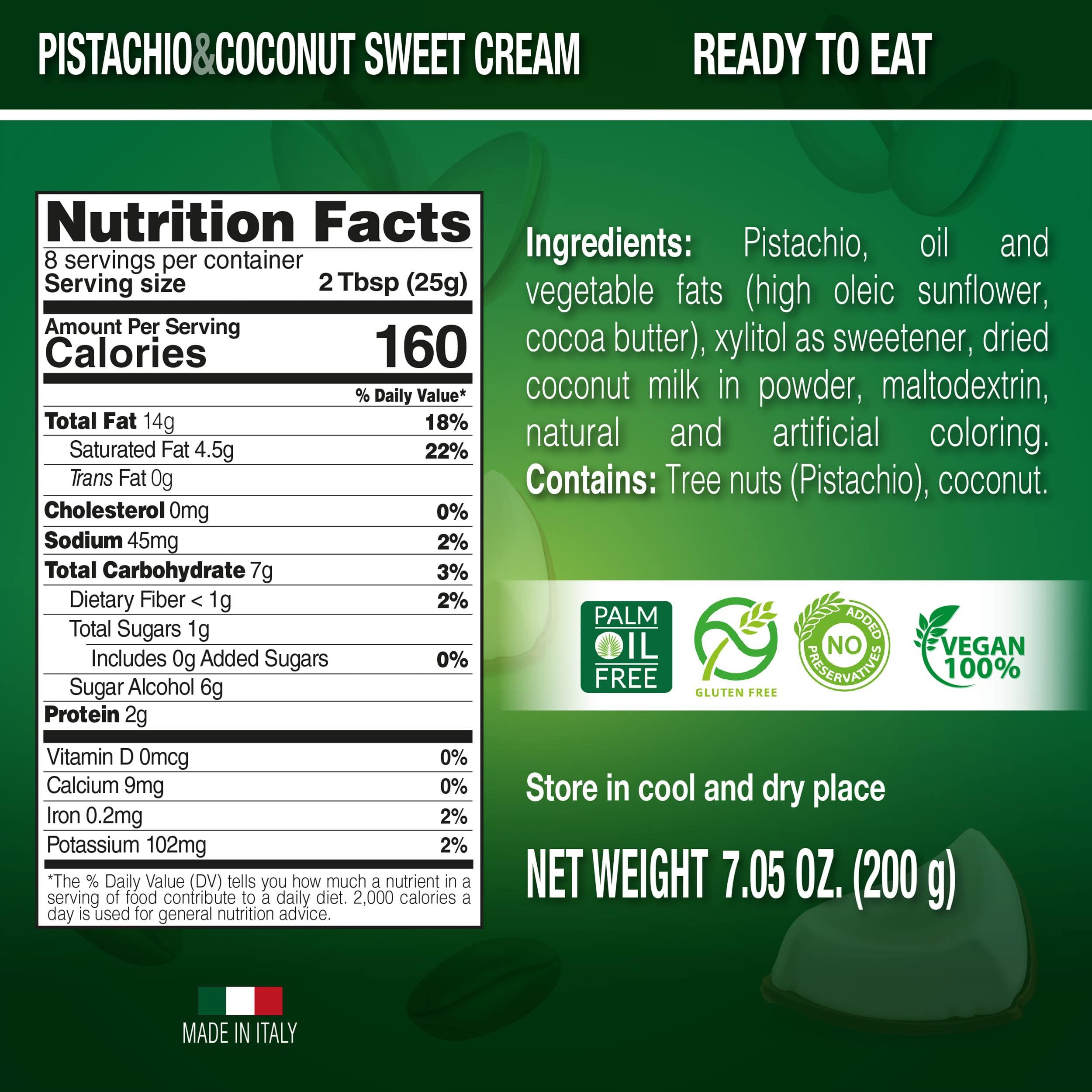 SICANIA SICANIA Pistachio and Coconut Vegan Sweet Cream - 100% Italian Made, Non-GMO, Dairy-Free, Gluten-Free, Palm Oil-Free, Lactose-Free, Sugar-Free - Ideal for Pastries, Desserts, Sandwiches, Pancakes, Waffles, Toasts and Crackers - 200Gr