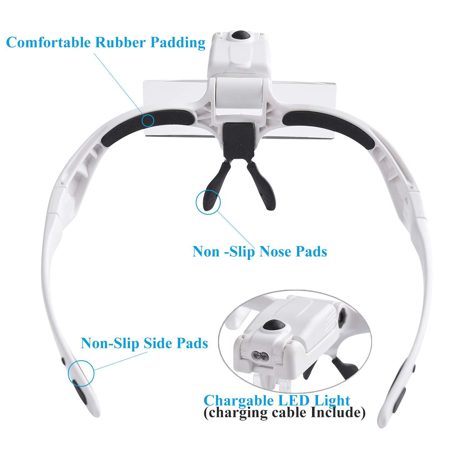 Beileshi Beileshi Headband Magnifying Glasses with Rechargeable LED Lampstents and Headband Interchangeable Magnifier 5 Magnification of Lenses: 1.0X 1.5X 2.0X 2.5X 3.5X