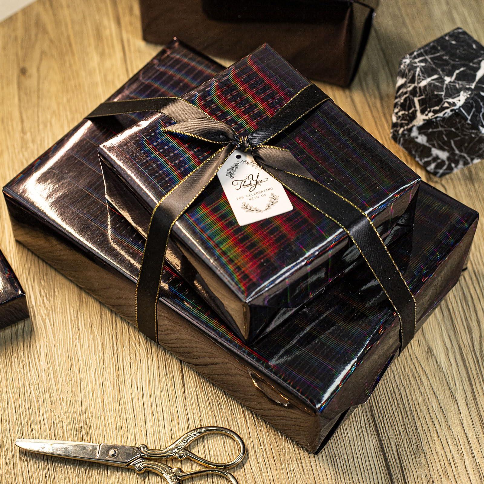 Burymento Burymento Black Wrapping Paper Roll, Metallic Holographic Stripe Gift Wrap for Birthday, Valentines, Mothers day, Graduation, Wedding, Fathers day, Baby Shower, Christmas (17 IN x 32.8 FT)