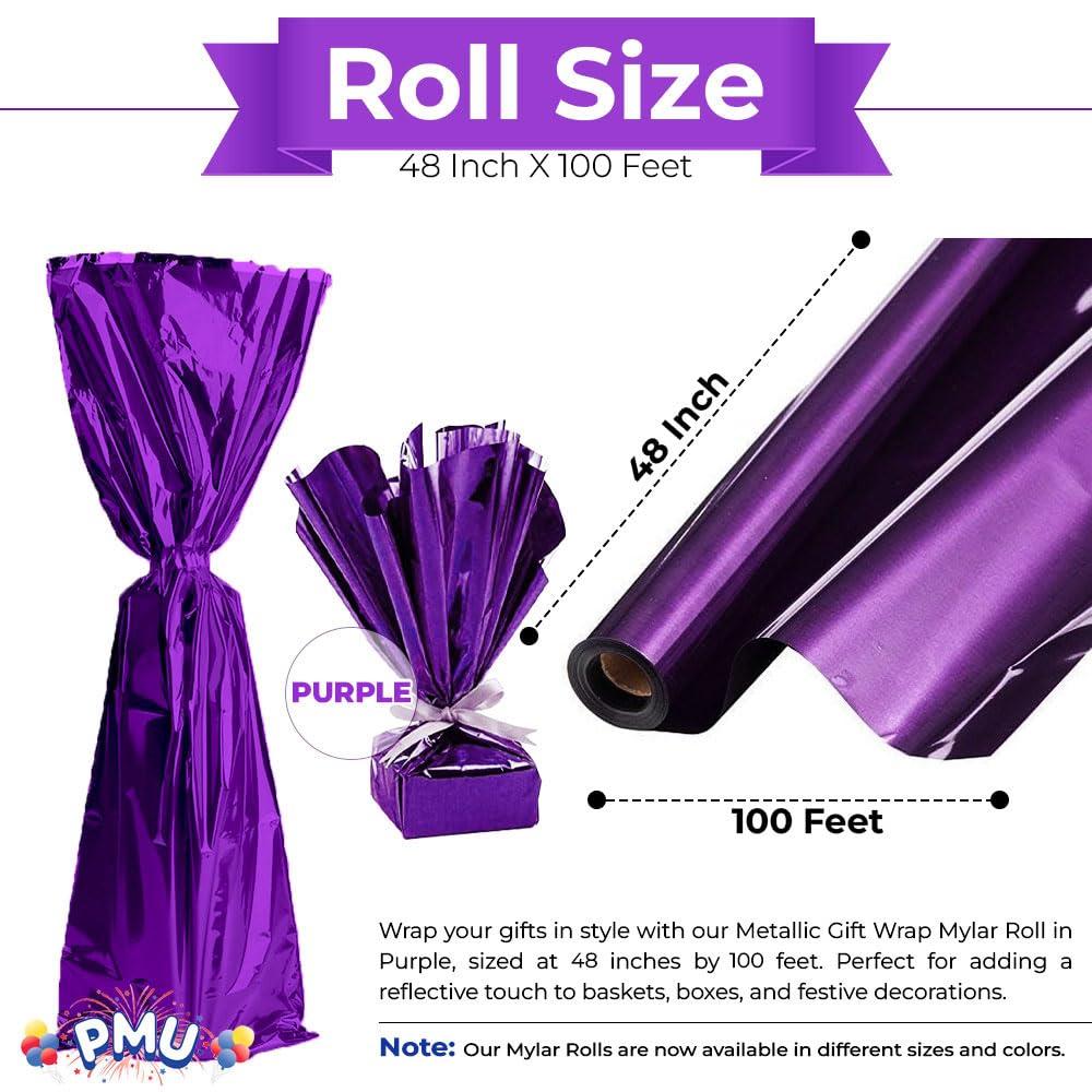 PMU PMU Gift Wrap Mylar Roll - Highly Reflective Metallic Foil Paper - Perfect Wrapping Paper for Gifts, Baskets, Wedding, Birthday, Christmas, Arts & Crafts, Balloon Weights, Purple, 48 Inch X 100 Feet