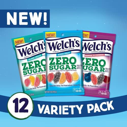 Welch's Welch’s Fruit Snacks, Zero Sugar Variety Pack with Mixed Fruit, Berries 'N Cherries & Island Fruits, Gluten Free, 3 oz (pack of 12)