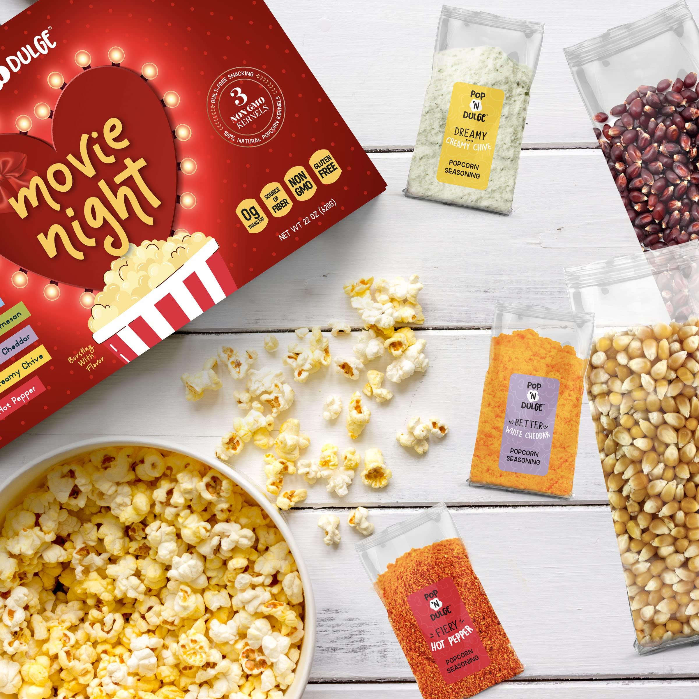 Pop n' Dulge Valentines Day Gifts Movie Night Popcorn Gift Set, Valentines Day Gifts For Her Him, 10 Piece Set, 5 Gourmet Popcorn Kernels and 5 Popcorn Seasoning Flavoring, Kosher, Non-GMO Romantic Movie Night Gift Baskets Gift Idea