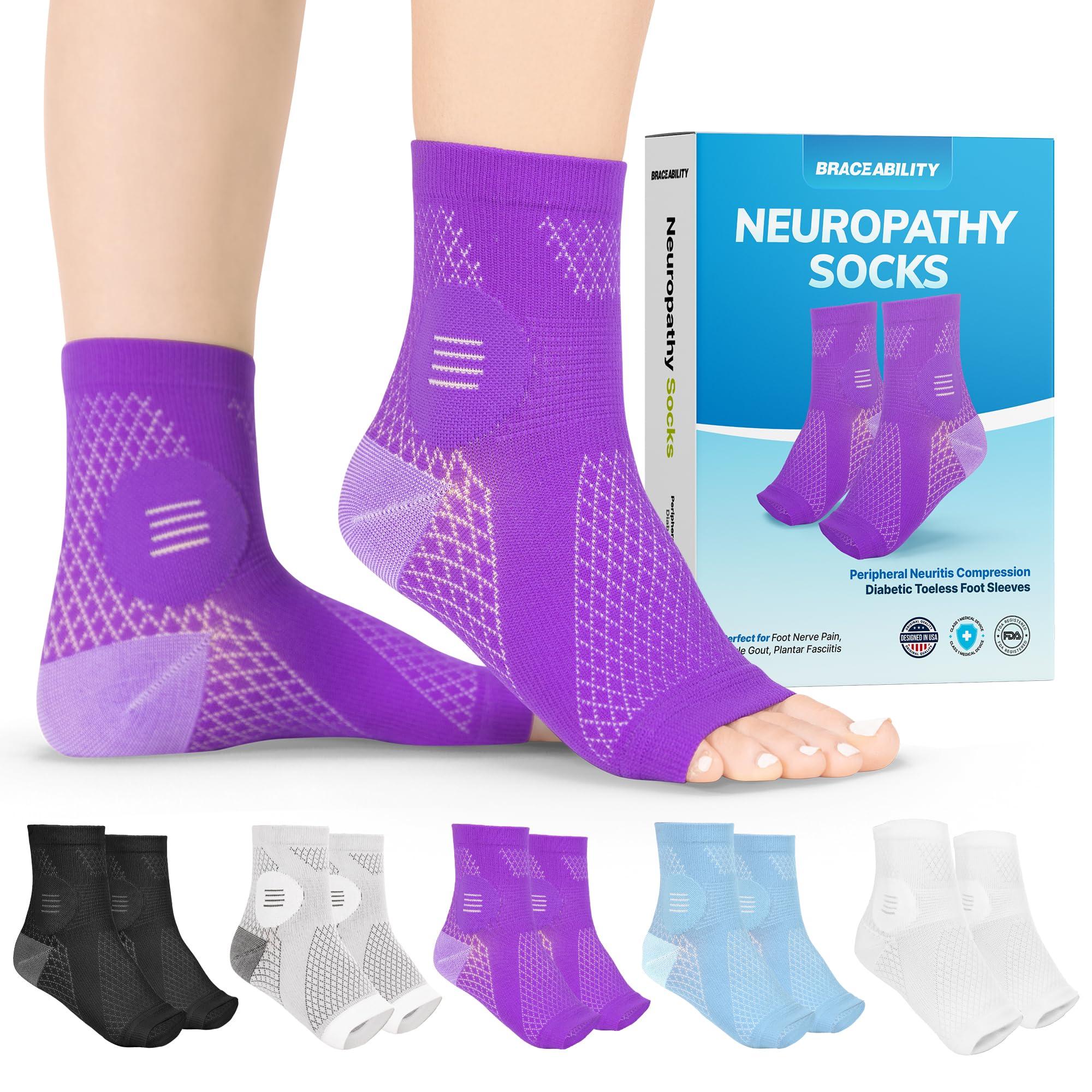 BraceAbility BraceAbility Neuropathy Socks (Pair) - Peripheral Neuritis Compression Diabetic Toeless Foot Sleeves for Nerve Damage Pain in Feet, Ankle Gout, Plantar Fasciitis Relief Brace for Men and Women (M - Purple)