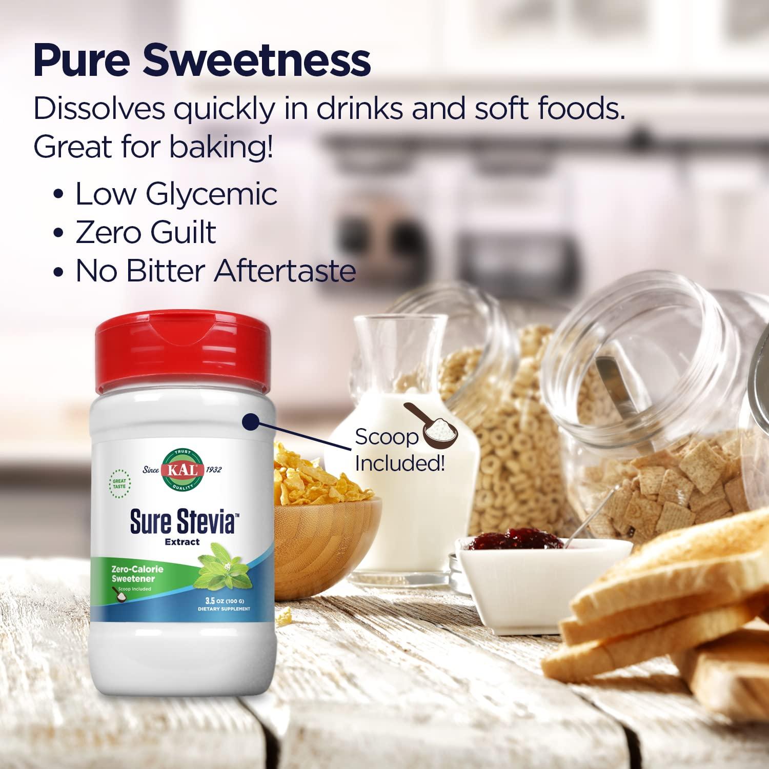 KAL KAL Sure Stevia Extract Powder, Low Carb, Plant Based Stevia Sweetener, Great Taste, Zero Calories, Zero Sugar, Low Glycemic & Perfect for a Keto Diet, 60-Day Guarantee, Approx. 1820 Servings, 3.5oz