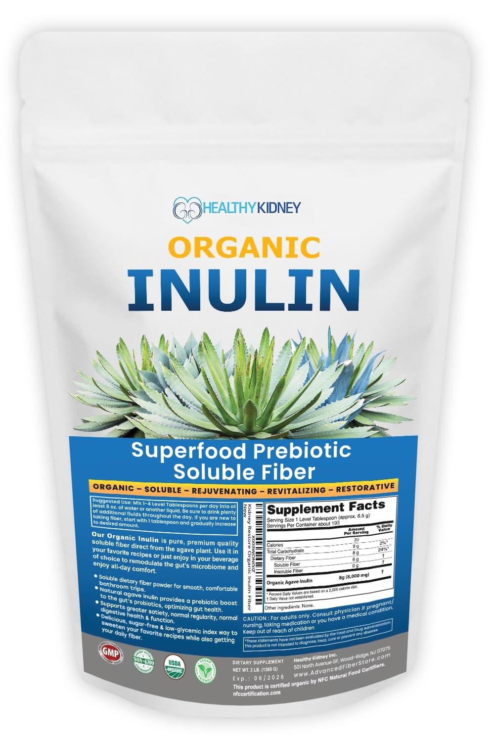Kidney Restore Inulin Powder (48oz/3 lbs) Gentle Agave Prebiotic Soluble Fiber Supplement for Digestive Support, Gut Health, Vegan Baking, Smoothies & Drinks
