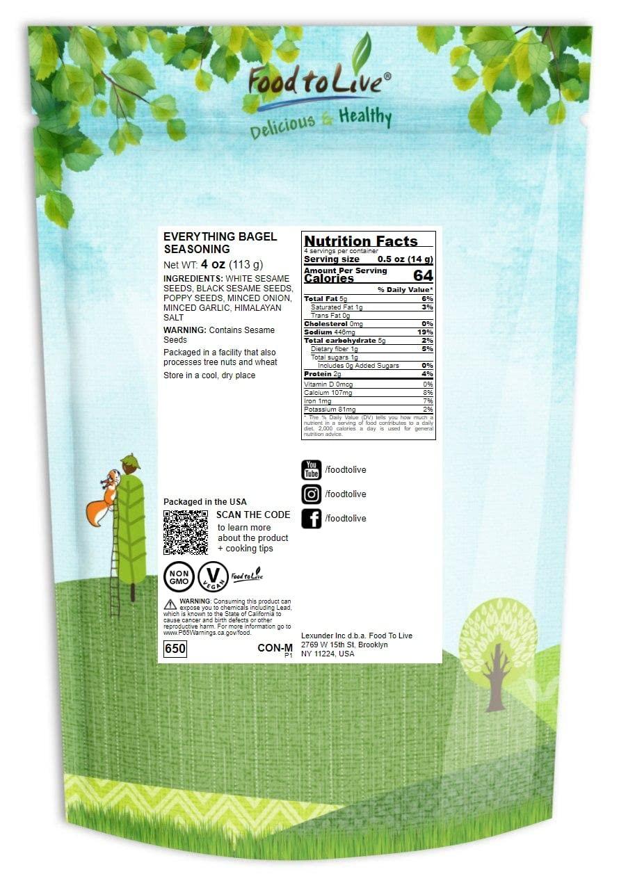 Food to Live Food to Live Everything Bagel Seasoning Mix, 4 Ounces A Blend of White and Black Sesame Seeds, Minced Garlic, Onion, and Himalayan Pink Salt Flakes. Great as a Topping and Baking Ingredient