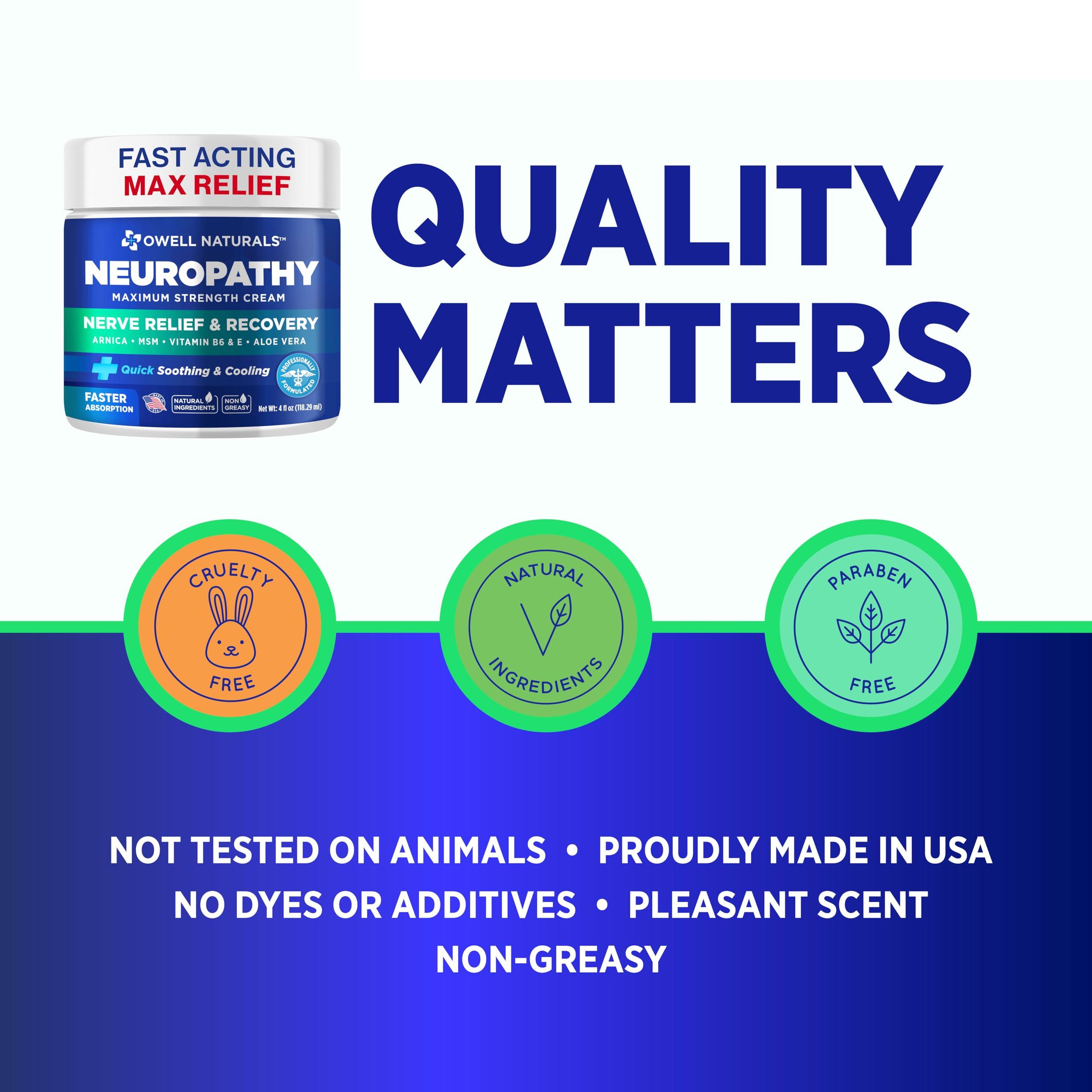 OWELL NATURALS Owell Naturals Neuropathy Nerve Relief Cream 4 Fl Oz (Pack of 1) Maximum Strength, Non Greasy, All Natural for Feet, Hands, Legs & Toes Discomfort, Made in USA