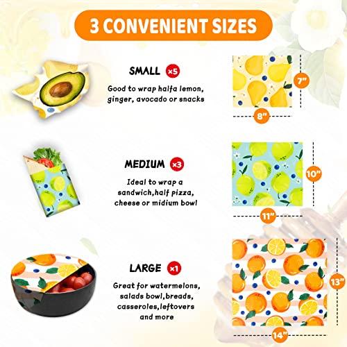 WDG Reusable Beeswax Wrap - 9 Pack, Beeswax Wraps for Food, Eco-Friendly Beeswax Food Wrap, Organic, Sustainable, Biodegradable, Zero Waste, Plastic-Free Food Storage (1L Orange | 3M Lemon | 5S Pear)
