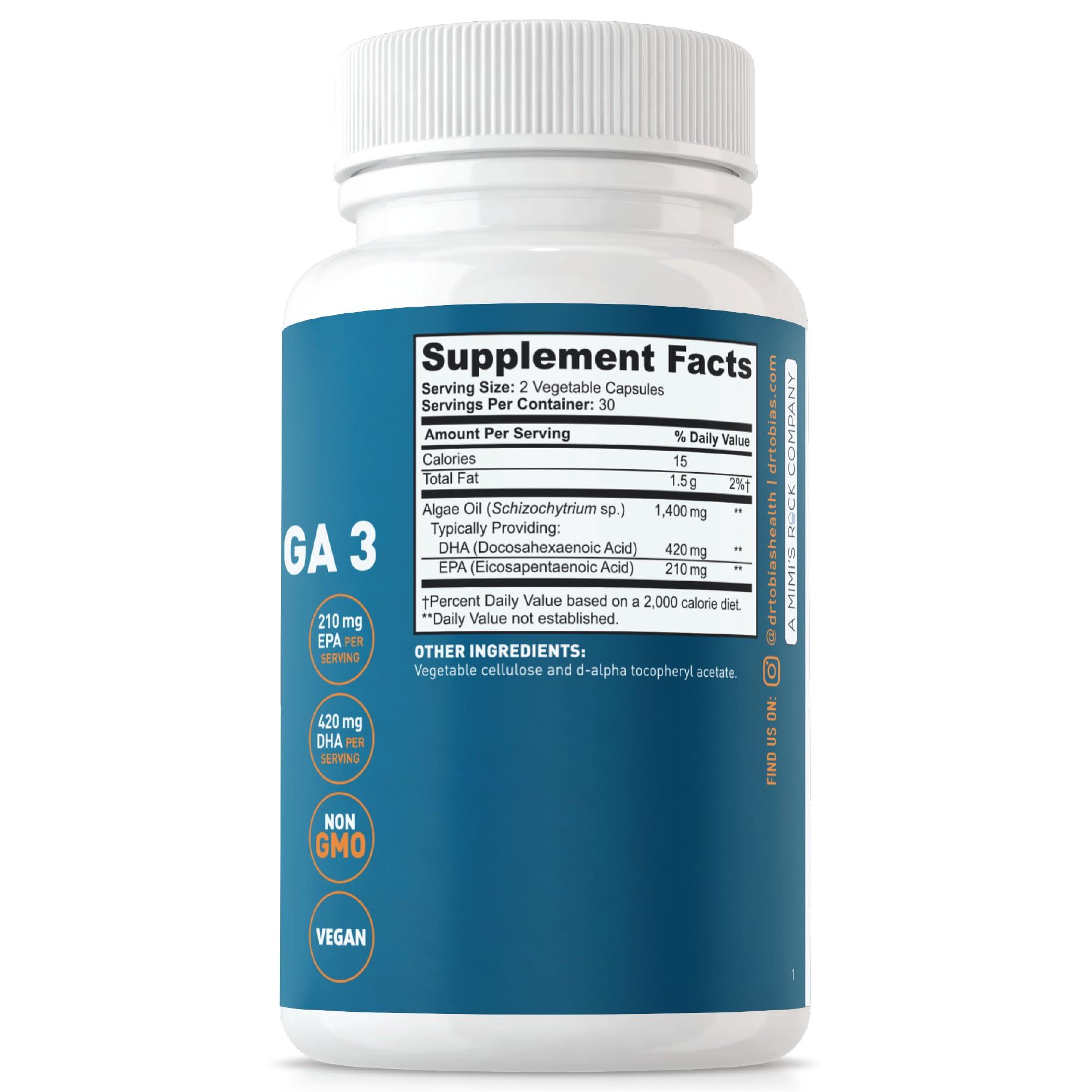 Dr. Tobias Dr. Tobias Vegan Omega 3 Supplement - 1400mg Algae Oil, 420mg DHA, and 210mg EPA per Serving - Non-GMO, Gluten-Free, Carrageenan-Free - 60 Capsules, 30 Servings