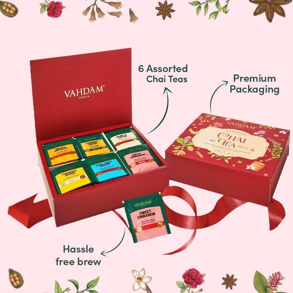 VAHDAM VAHDAM, Assorted Chai Tea Variety Pack (6 Delicious Flavors, 36 Eco Friendly Pyramid Tea Bags) Caffeinated, Gluten Free, Non GMO | Indian Masala Chai Tea Blends | Valentines Day Tea Gift Sets